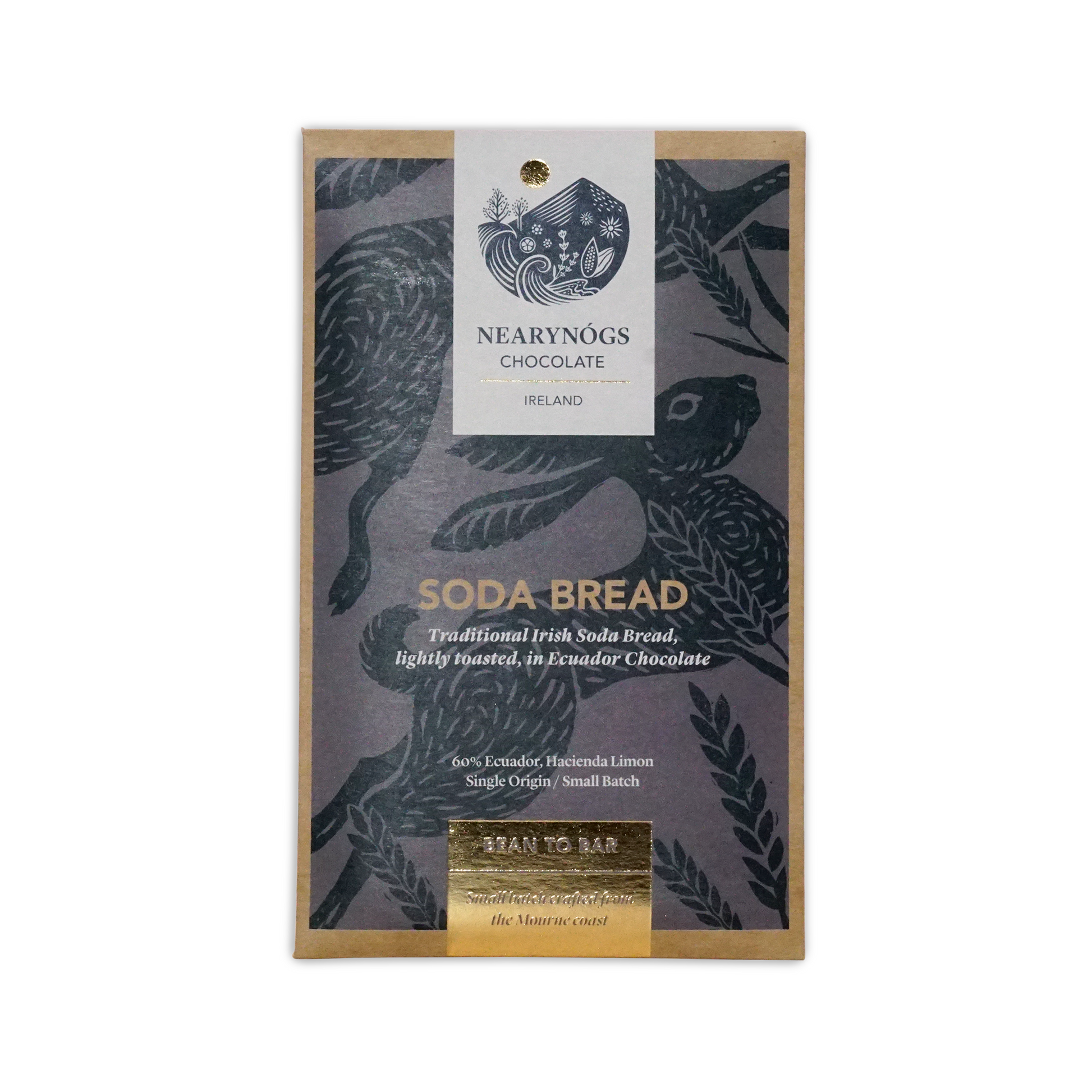 A rectangular package of nearynogs irish soda bread 60% chocolate with a dark gray wrapper featuring black birds and gold foil text