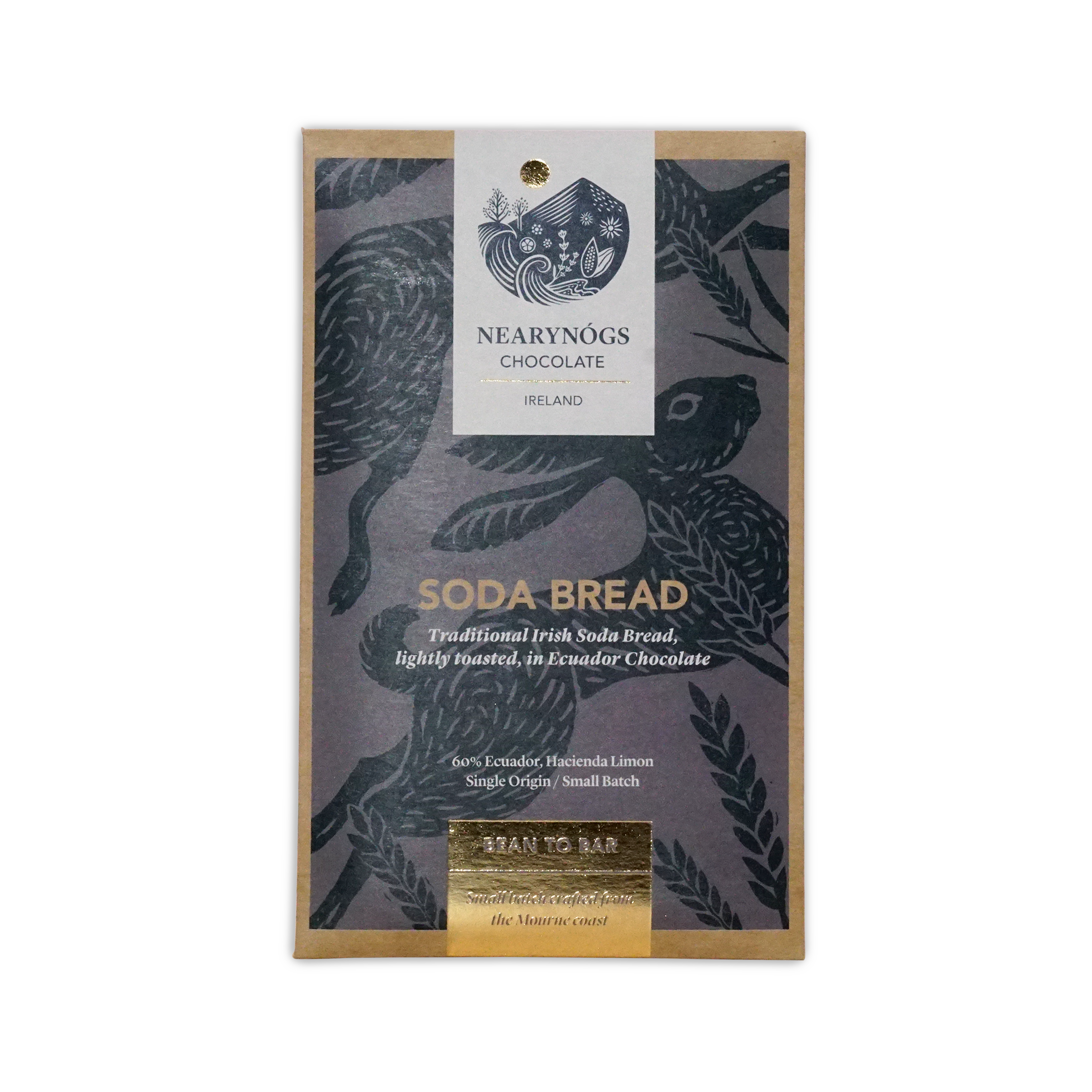 A rectangular package of nearynogs irish soda bread 60% chocolate with a dark gray wrapper featuring black birds and gold foil text