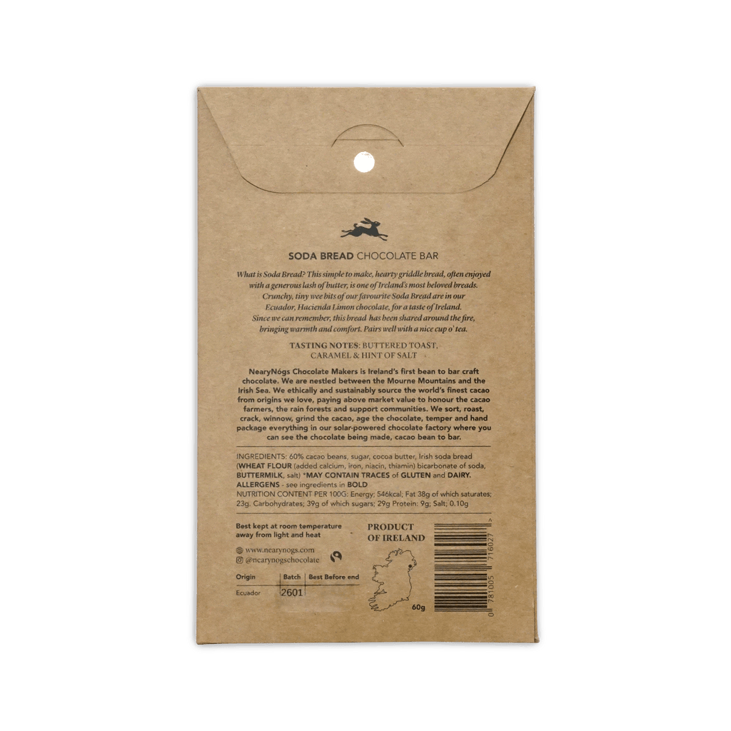 Brown kraft paper wrapper for nearynogs irish soda bread 60 percent chocolate bar with ireland map logo