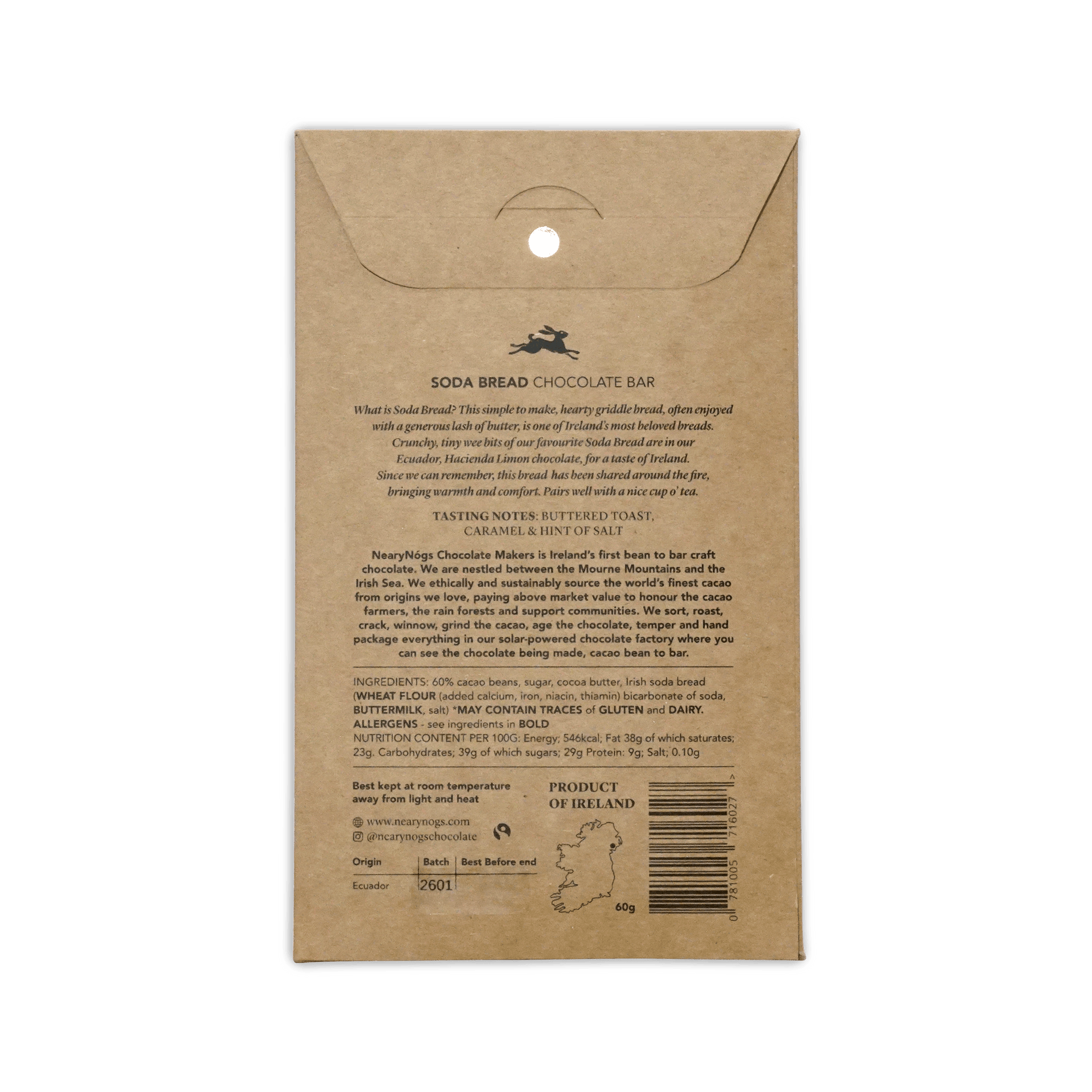 Brown kraft paper wrapper for nearynogs irish soda bread 60 percent chocolate bar with ireland map logo