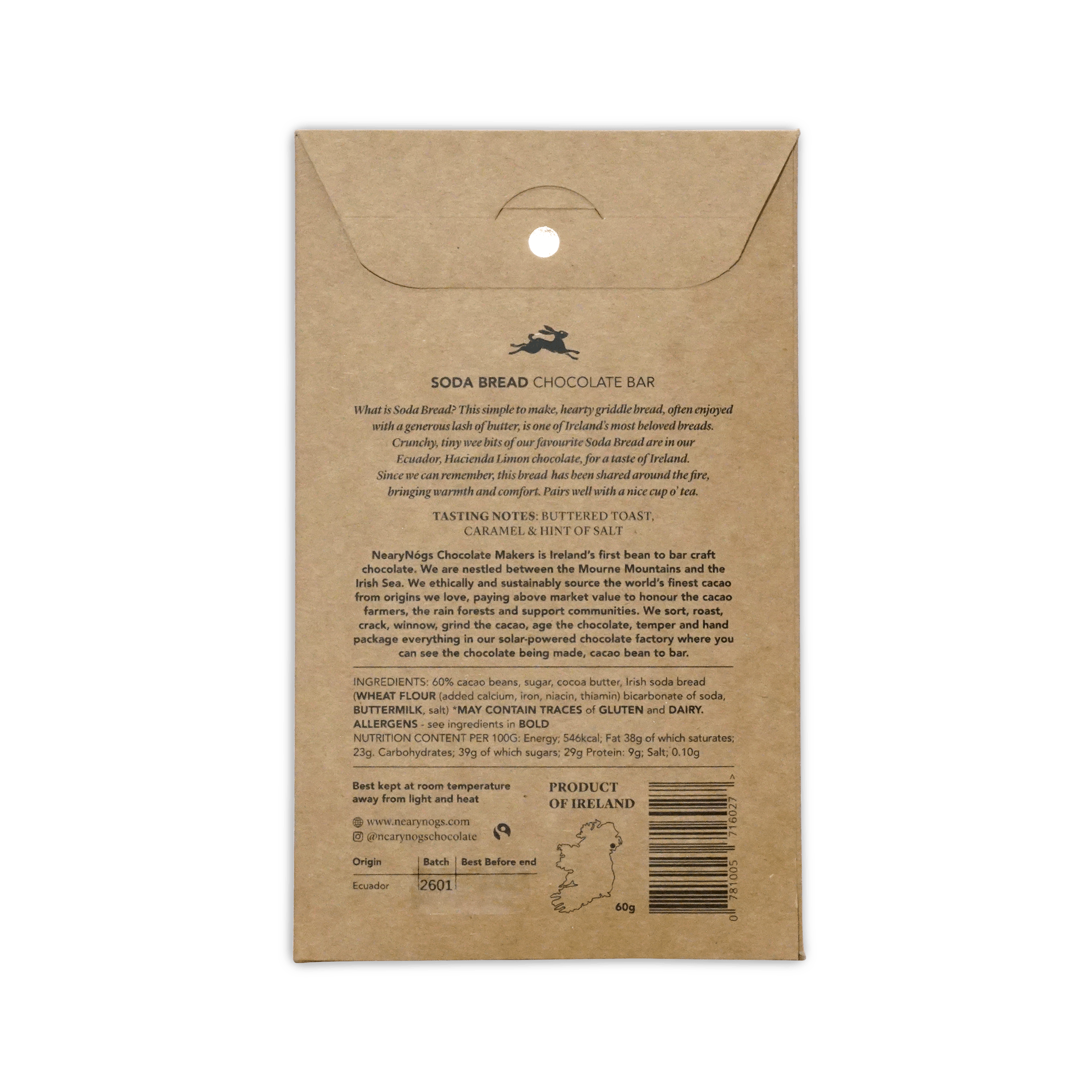 Brown kraft paper wrapper for nearynogs irish soda bread 60 percent chocolate bar with ireland map logo