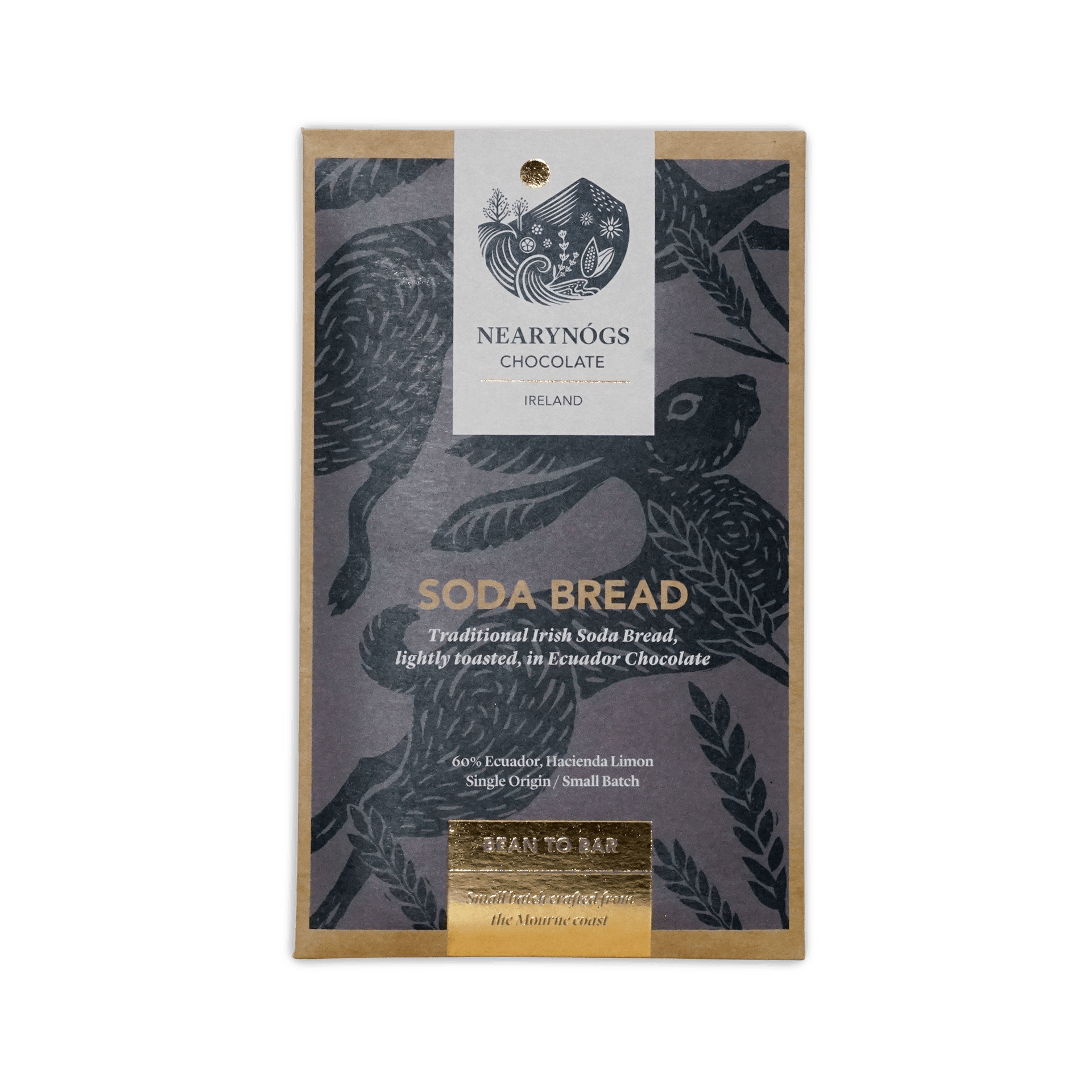 A rectangular package of nearynogs irish soda bread 60% chocolate with a dark gray wrapper featuring black birds and gold foil text