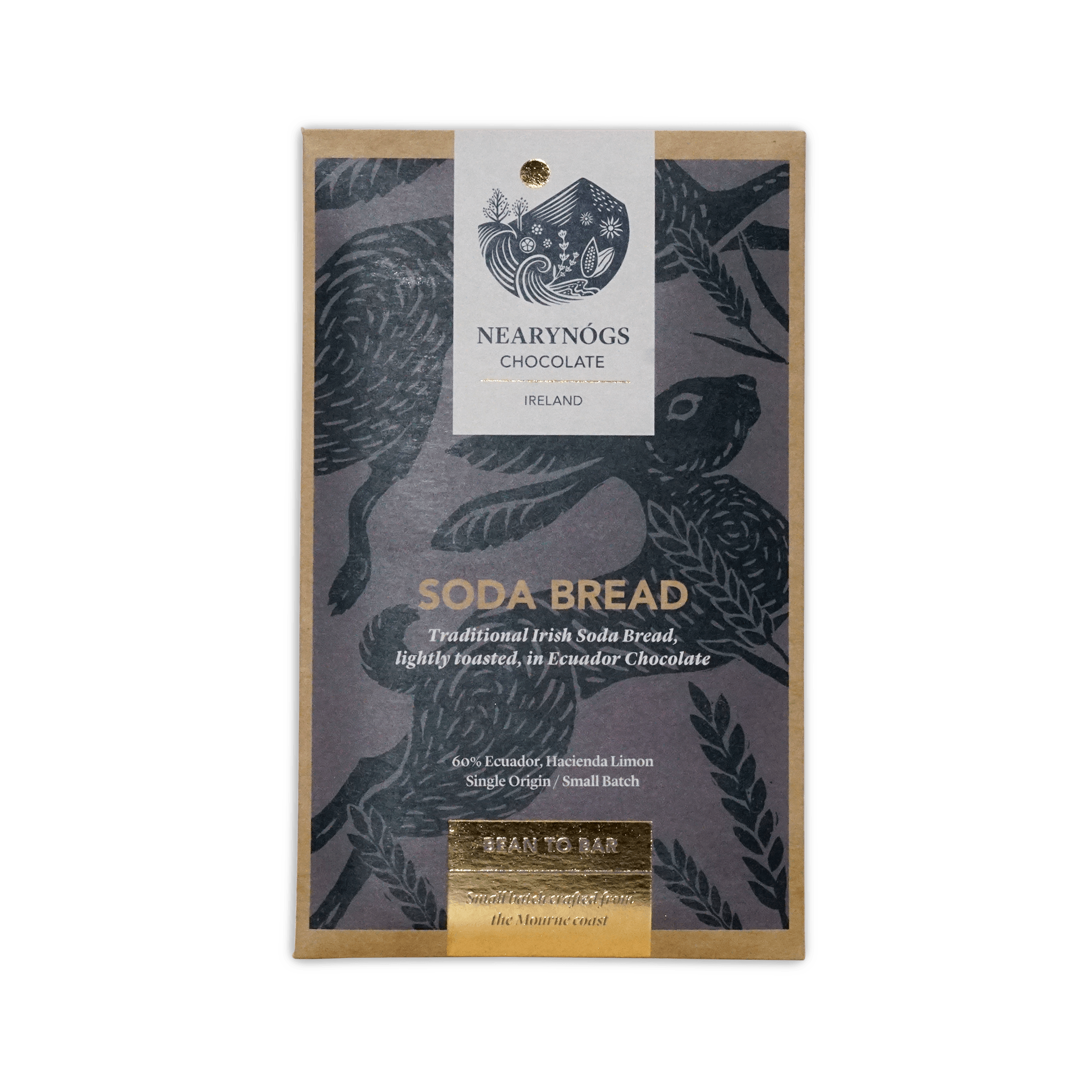 A rectangular package of nearynogs irish soda bread 60% chocolate with a dark gray wrapper featuring black birds and gold foil text