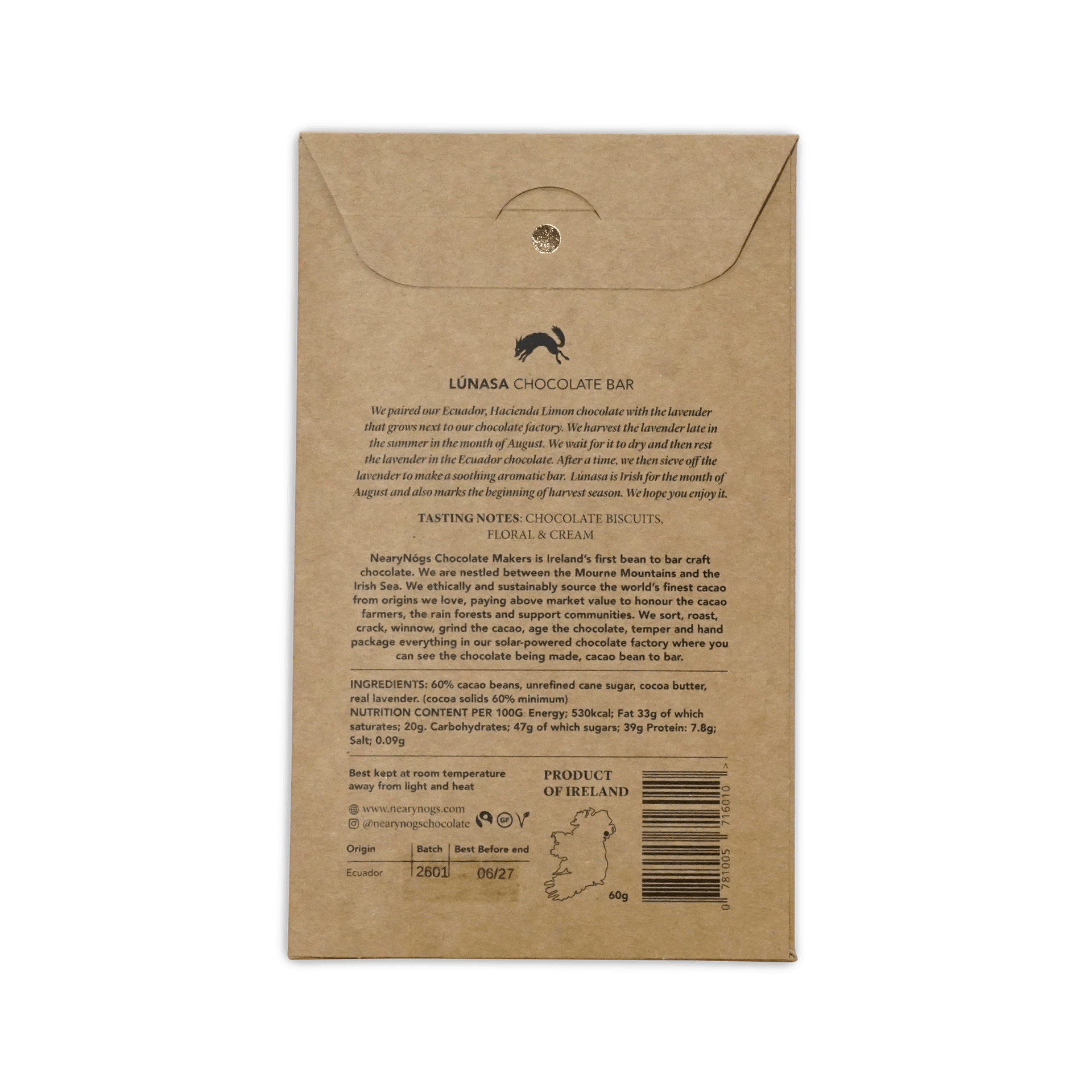 NearyNogs Lunasa dark chocolate bar with lavender 60 percent cacao in brown kraft paper with silver emblem