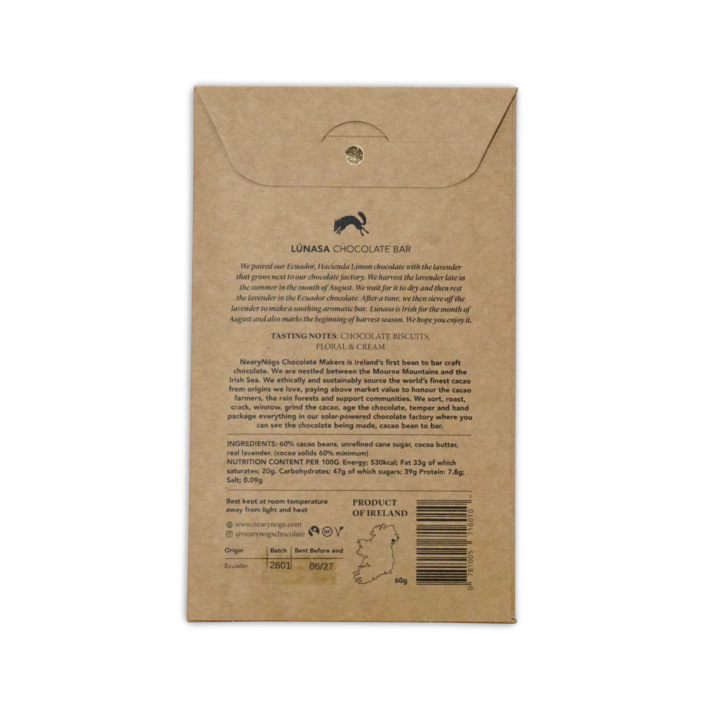 NearyNogs Lunasa dark chocolate bar with lavender 60 percent cacao in brown kraft paper with silver emblem