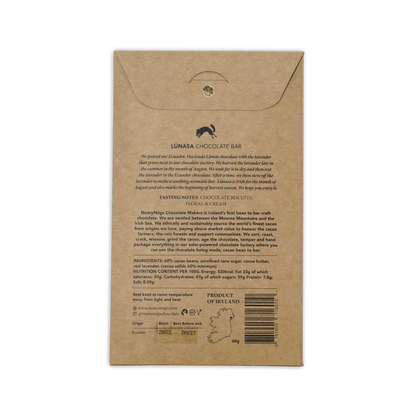 NearyNogs Lunasa dark chocolate bar with lavender 60 percent cacao in brown kraft paper with silver emblem