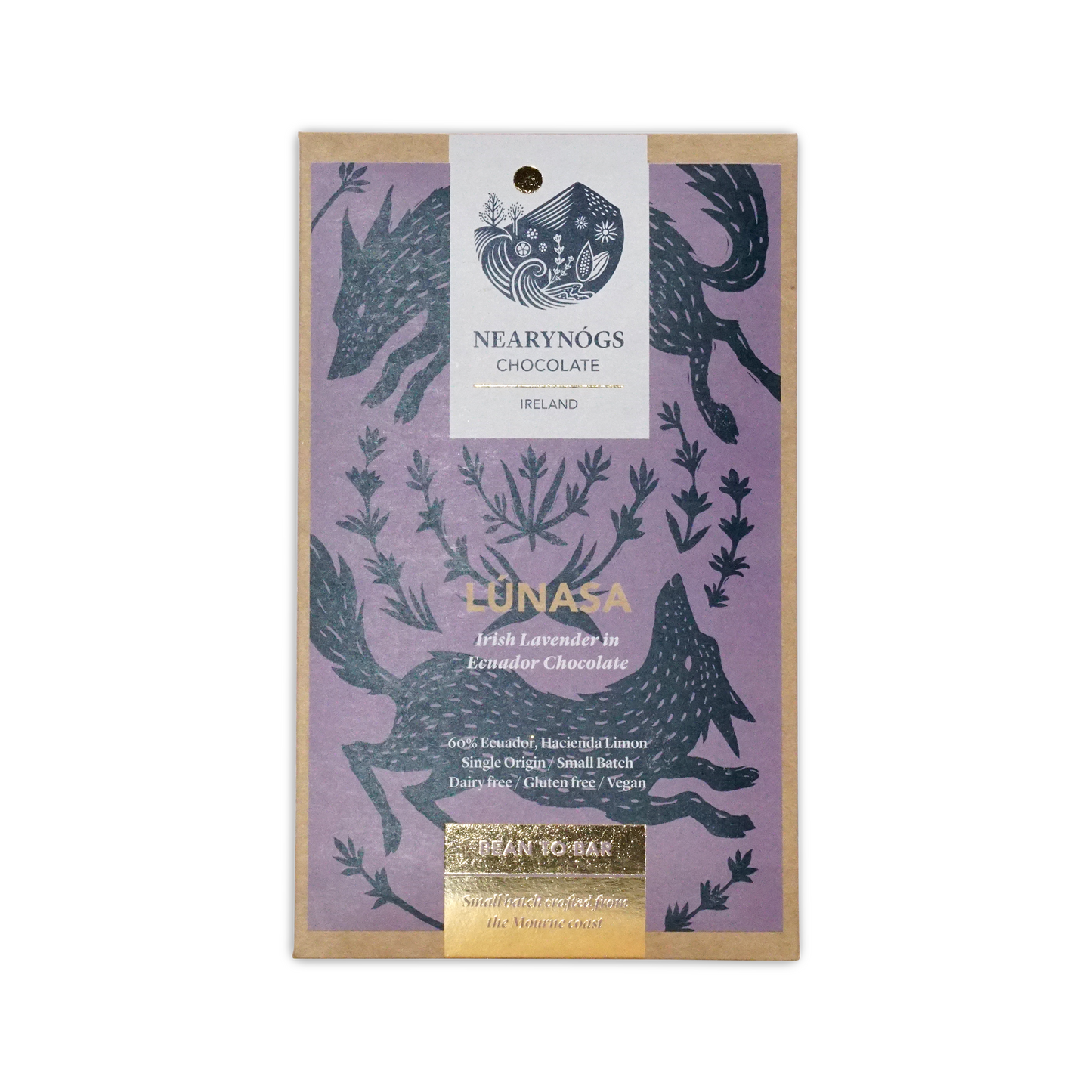 Nearynogs lunasa dark chocolate bar infused with lavender in purple and black illustrated wrapper from ireland