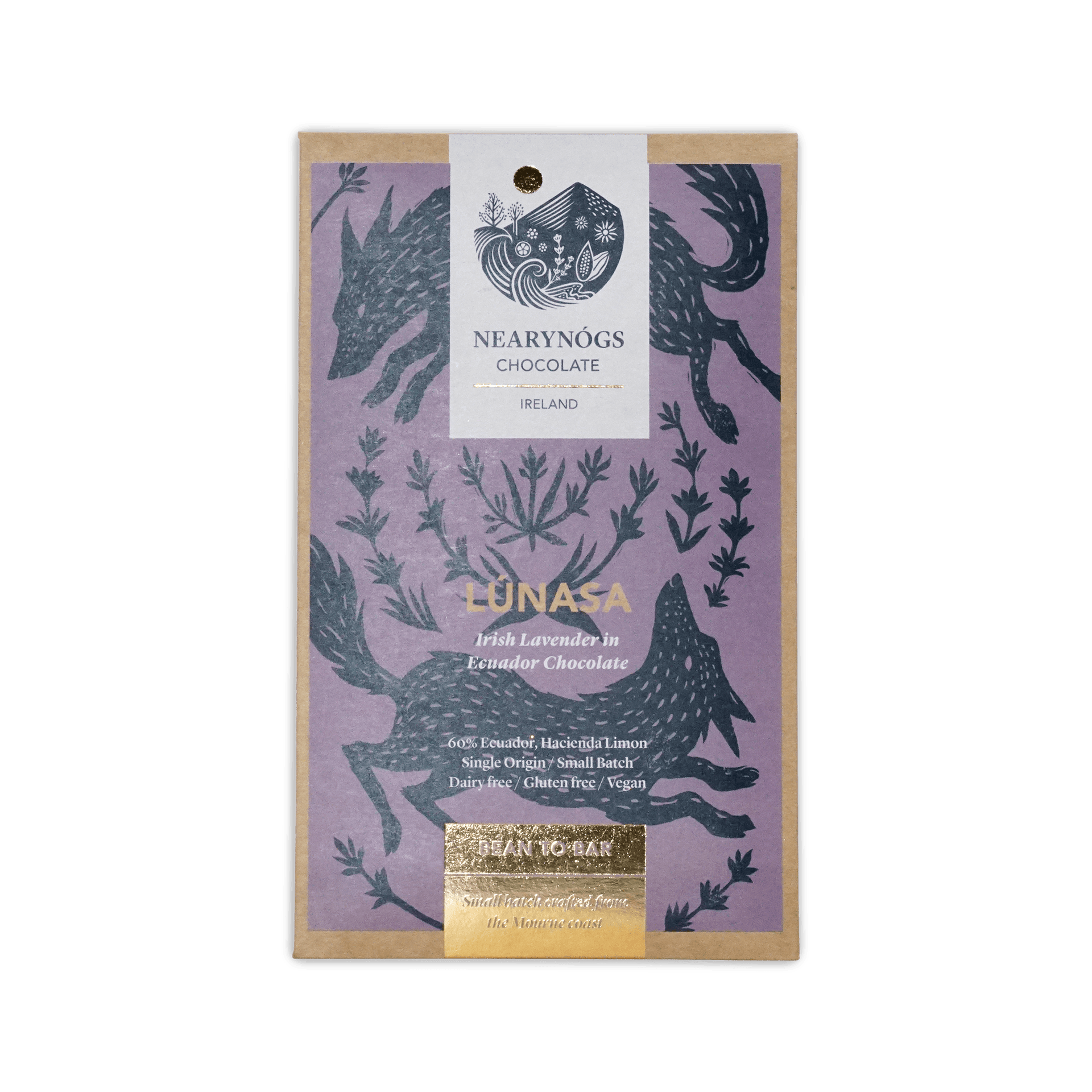 Nearynogs lunasa dark chocolate bar infused with lavender in purple and black illustrated wrapper from ireland