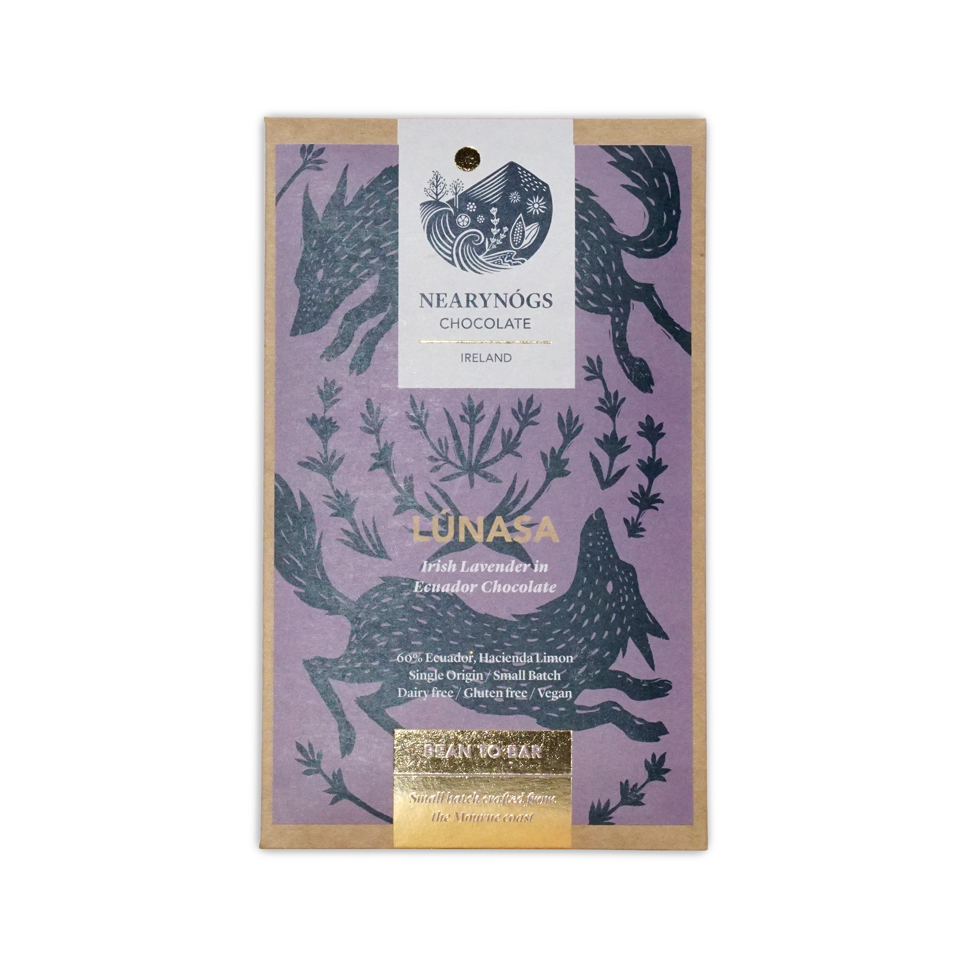 Nearynogs lunasa dark chocolate bar infused with lavender in purple and black illustrated wrapper from ireland