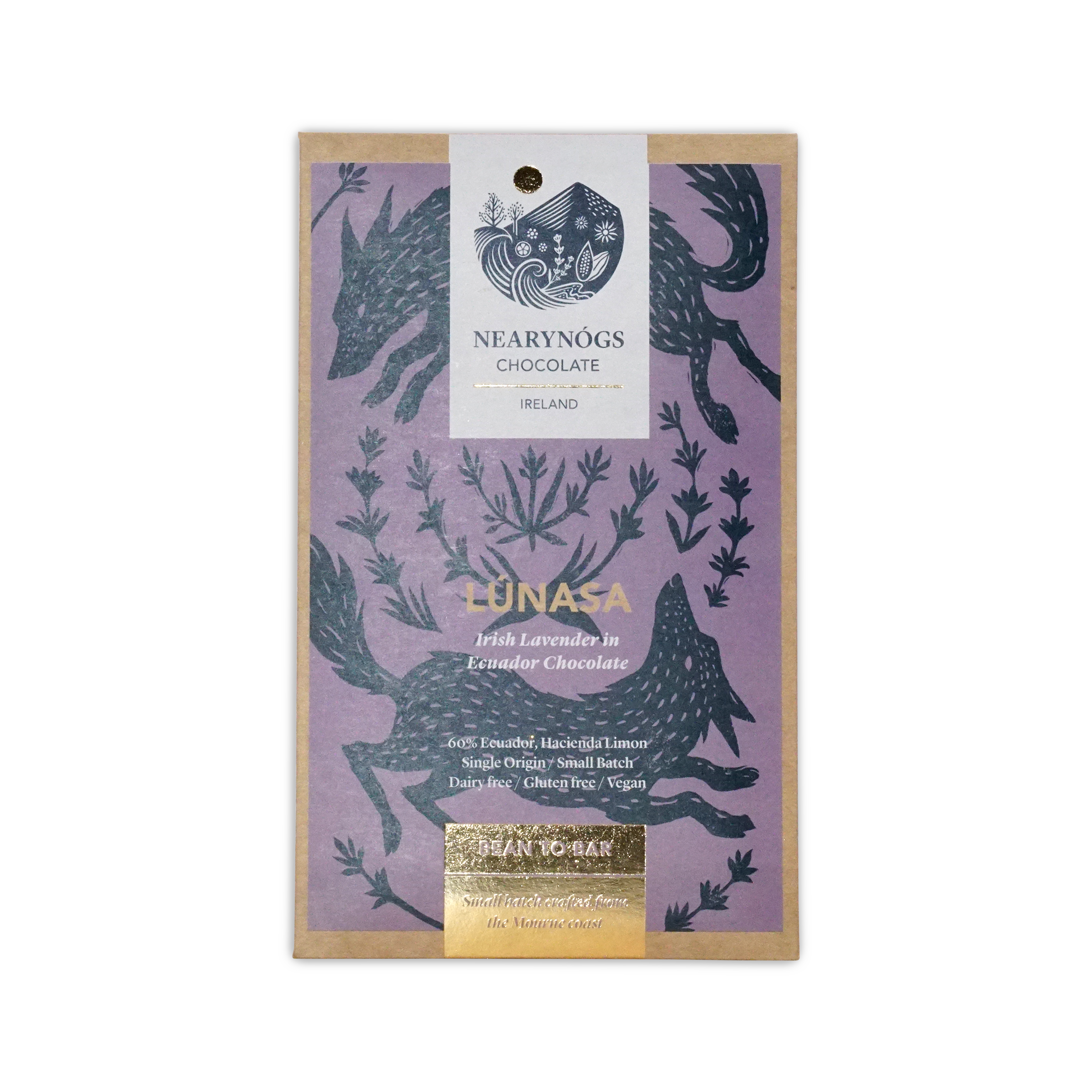 Nearynogs lunasa dark chocolate bar infused with lavender in purple and black illustrated wrapper from ireland