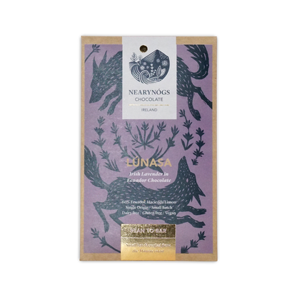 Nearynogs lunasa dark chocolate bar infused with lavender in purple and black illustrated wrapper from ireland