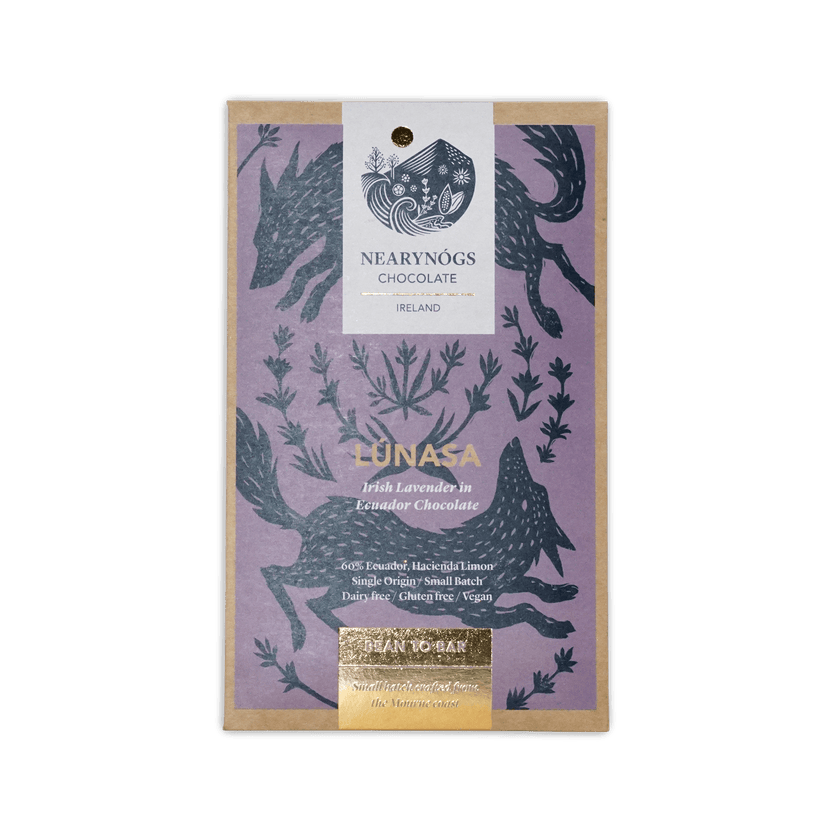 Nearynogs lunasa dark chocolate bar infused with lavender in purple and black illustrated wrapper from ireland