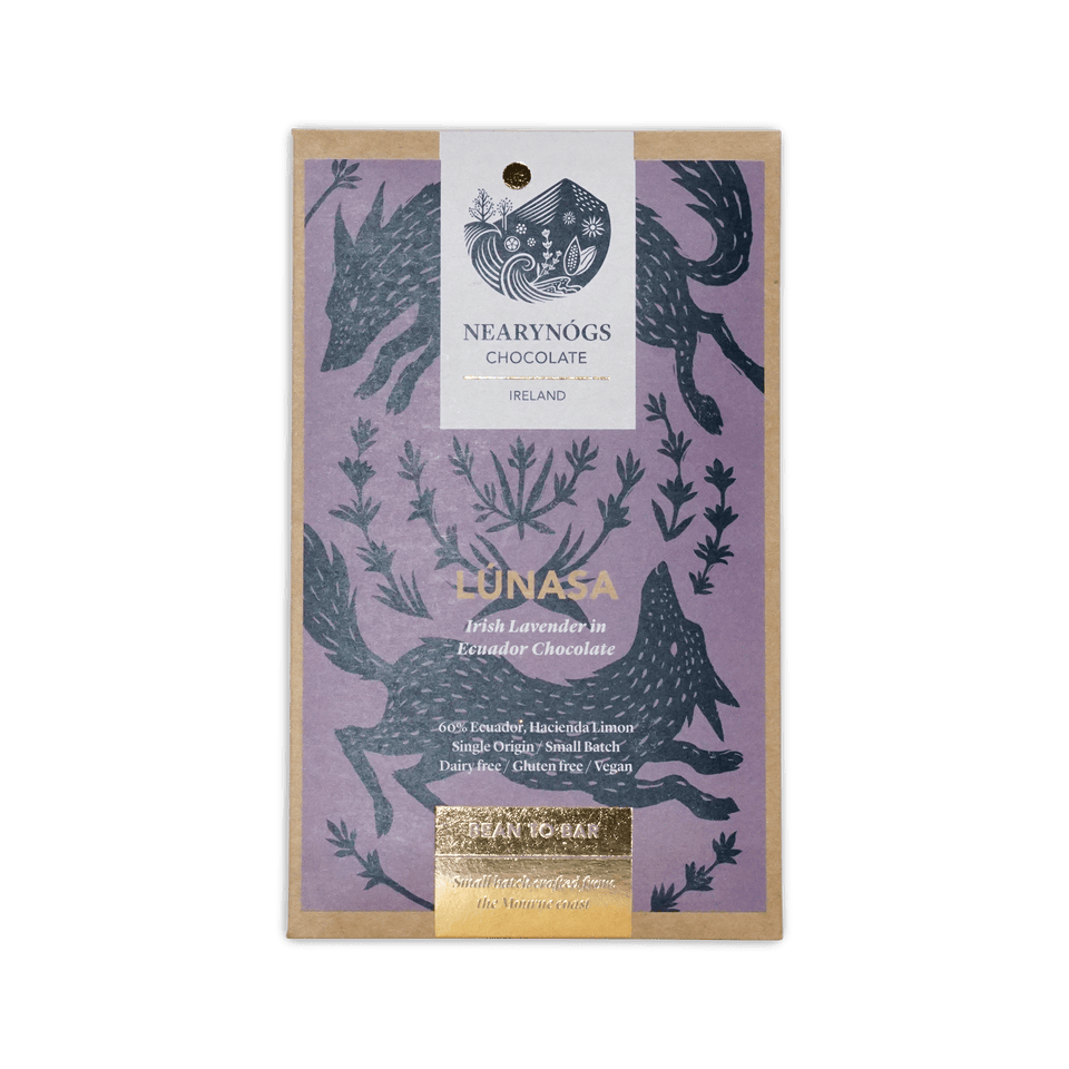 Nearynogs lunasa dark chocolate bar infused with lavender in purple and black illustrated wrapper from ireland
