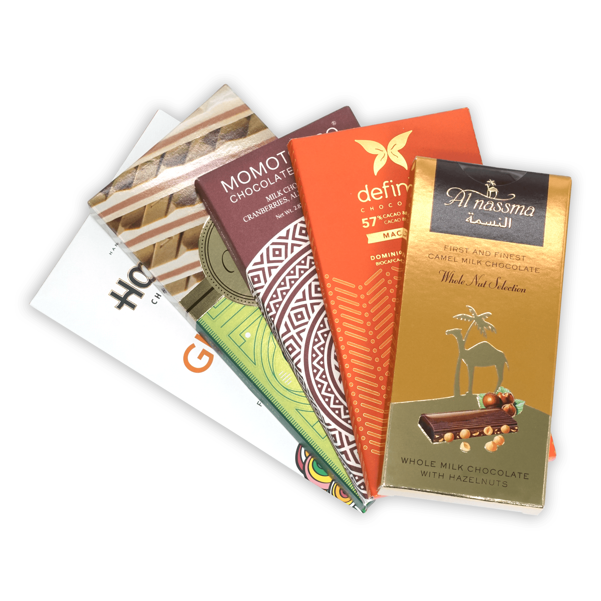 Golden Al Nassma camel milk chocolate bar wrapper with camel silhouette and hazelnuts in Nutty Chocolate Bar Bundle