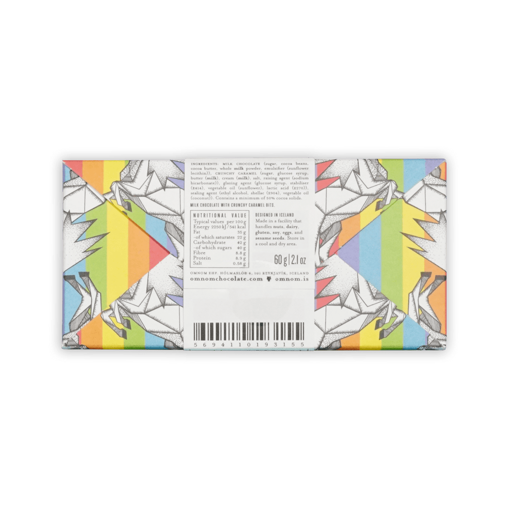 Back of Omnom rainbow unicorn bar, ingredients and nutrition panel, 60 g, designed in Iceland, barcode.