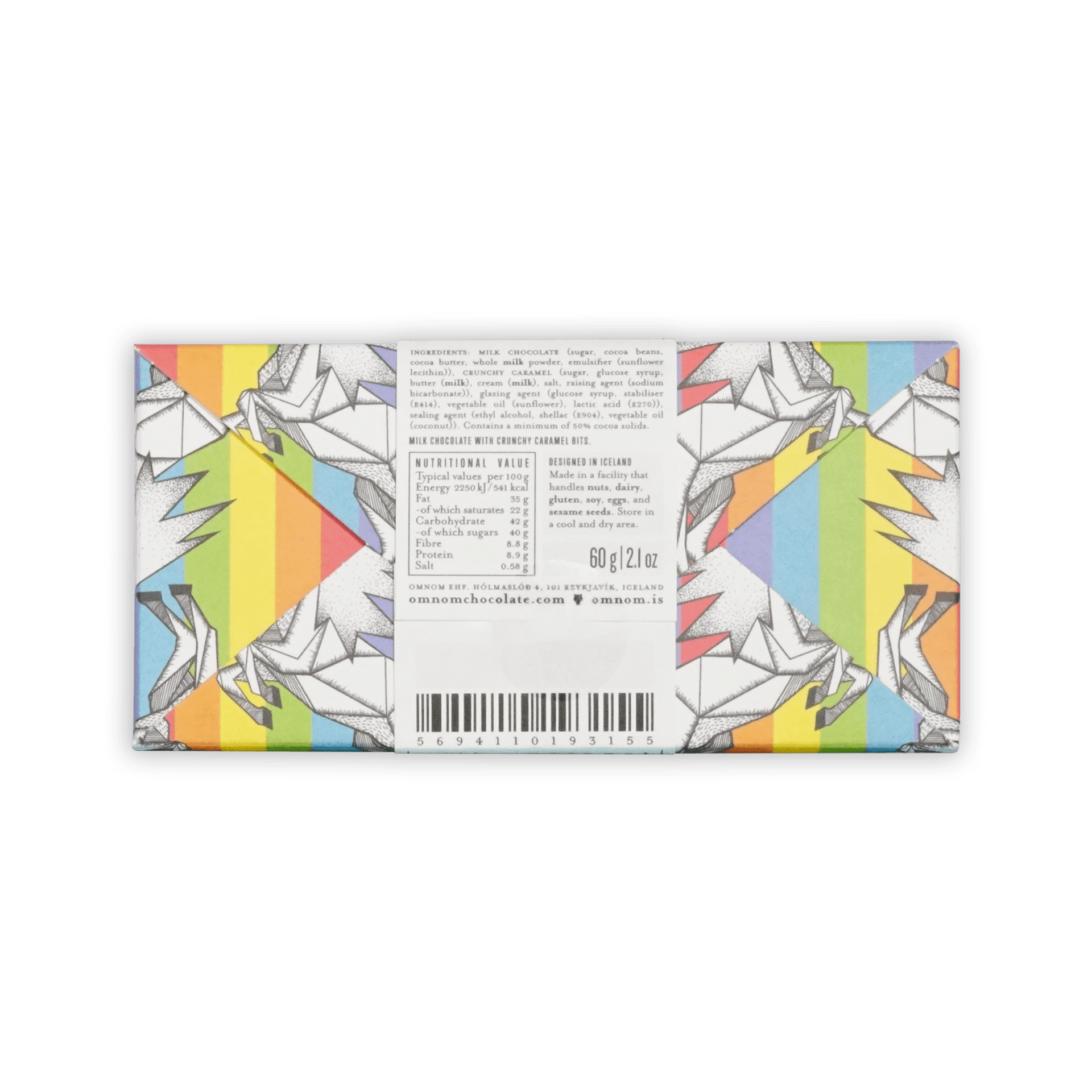 Back of Omnom rainbow unicorn bar, ingredients and nutrition panel, 60 g, designed in Iceland, barcode.
