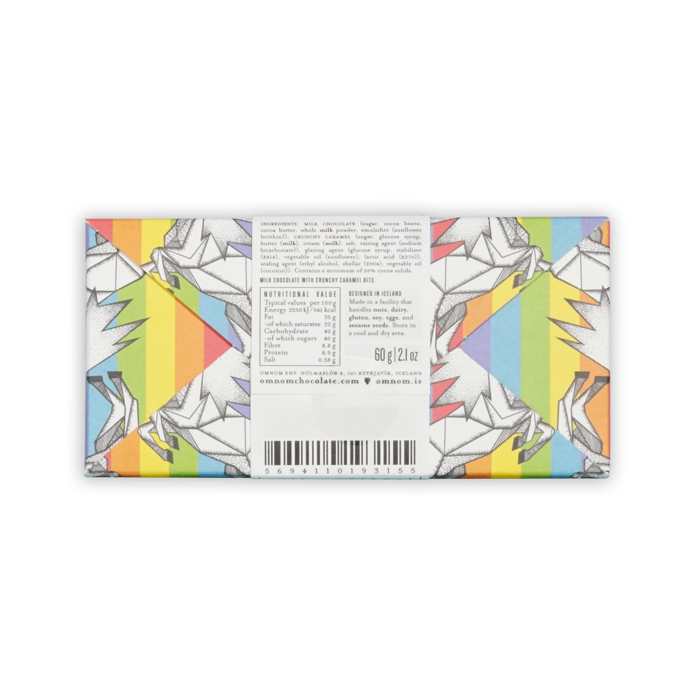 Back of Omnom rainbow unicorn bar, ingredients and nutrition panel, 60 g, designed in Iceland, barcode.