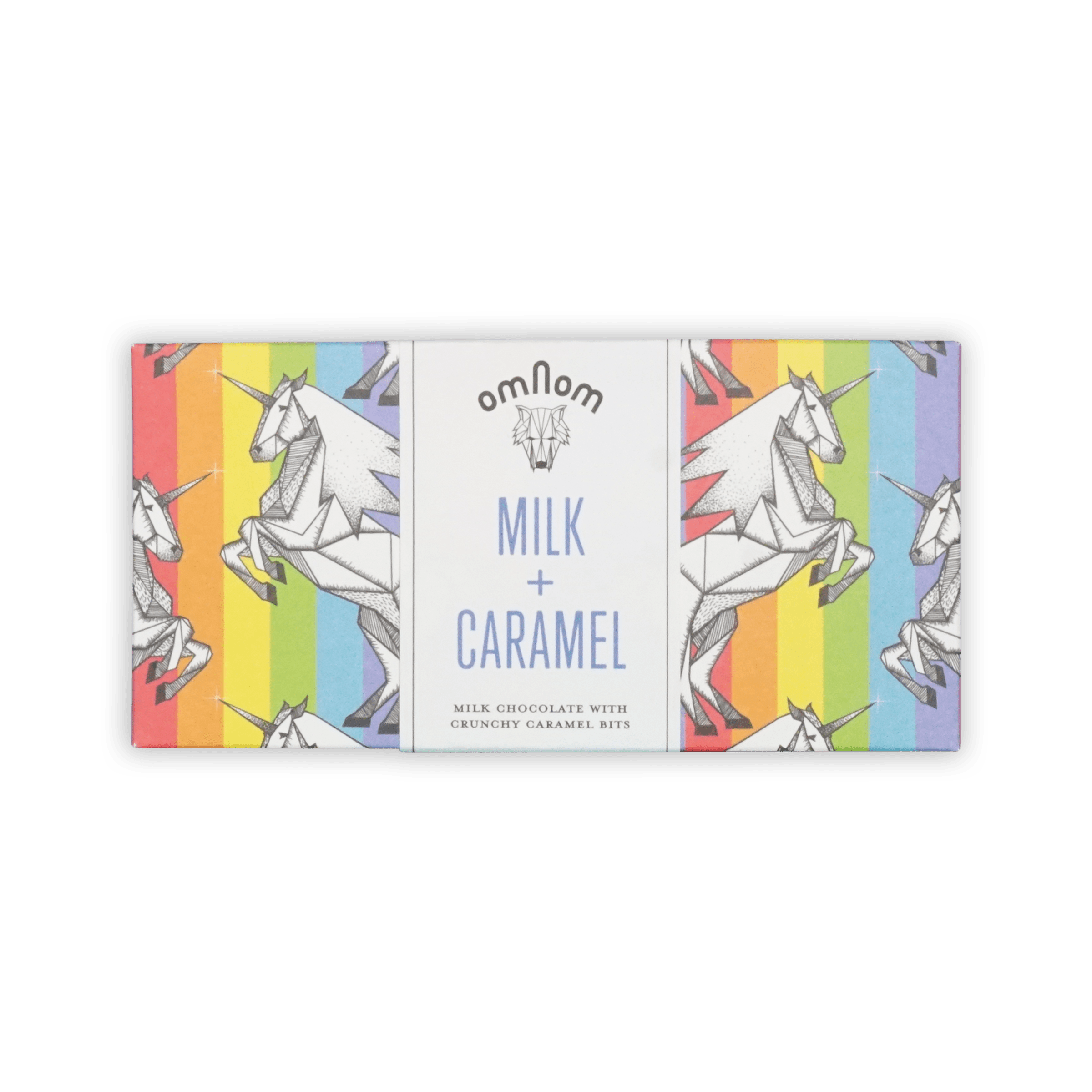 Omnom bar in rainbow-stripe wrapper with origami unicorns, white center panel reading Milk + Caramel.