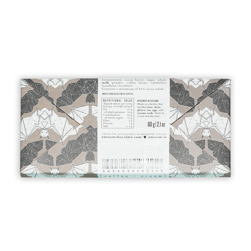 Omnom Coffee + Cream White Chocolate bar wrapper with gray bat and leaf pattern