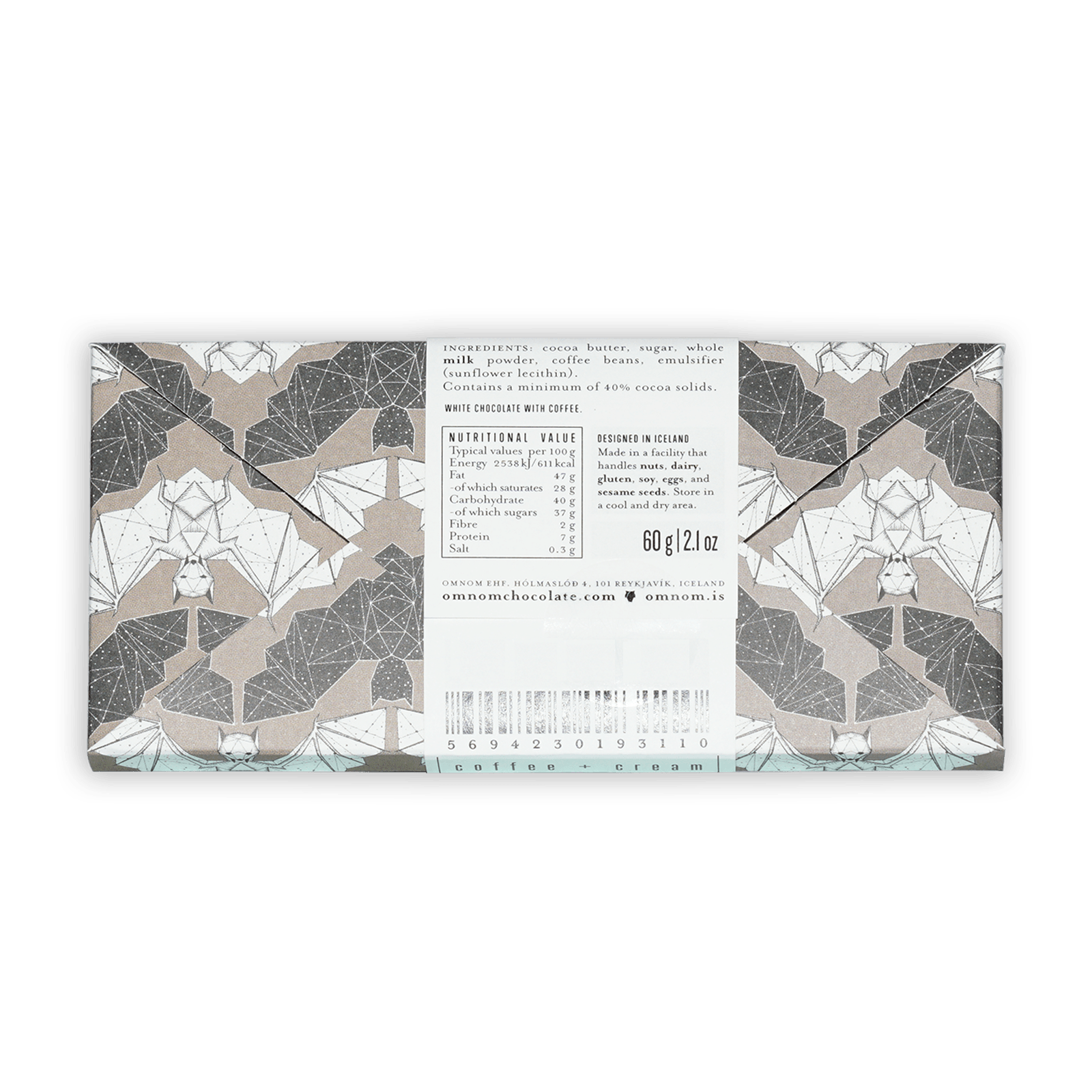 Omnom Coffee + Cream White Chocolate bar wrapper with gray bat and leaf pattern