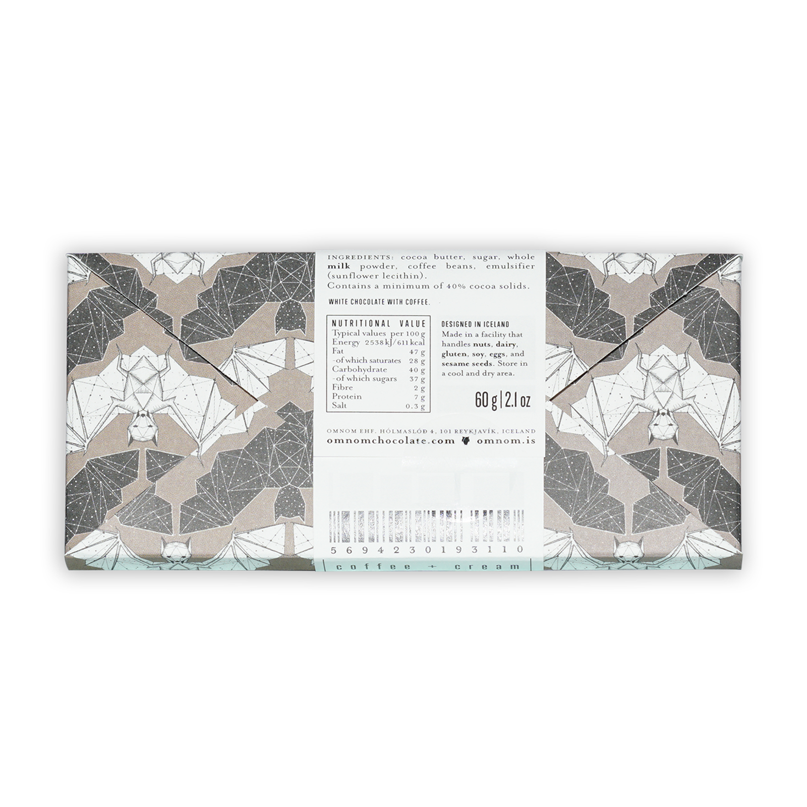 Omnom Coffee + Cream White Chocolate bar wrapper with gray bat and leaf pattern