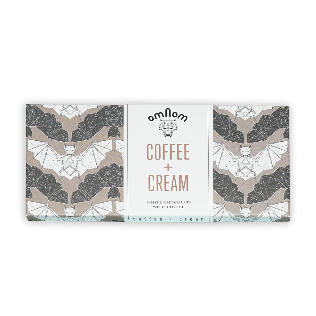 Omnom Coffee + Cream White Chocolate bar with bat illustrations