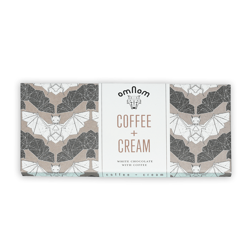 Omnom Coffee + Cream White Chocolate bar with bat illustrations