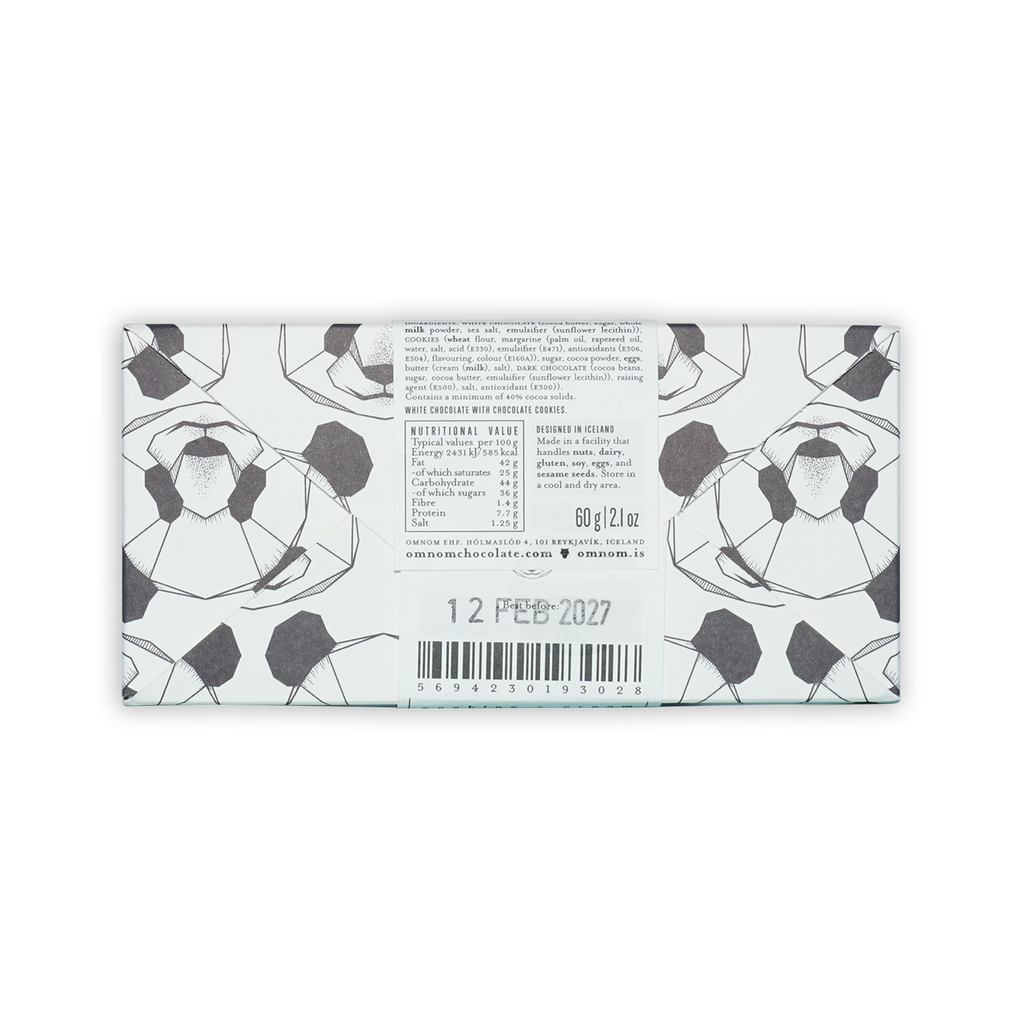 Omnom Cookies + Cream white chocolate bar in minimalist black geometric wrapper