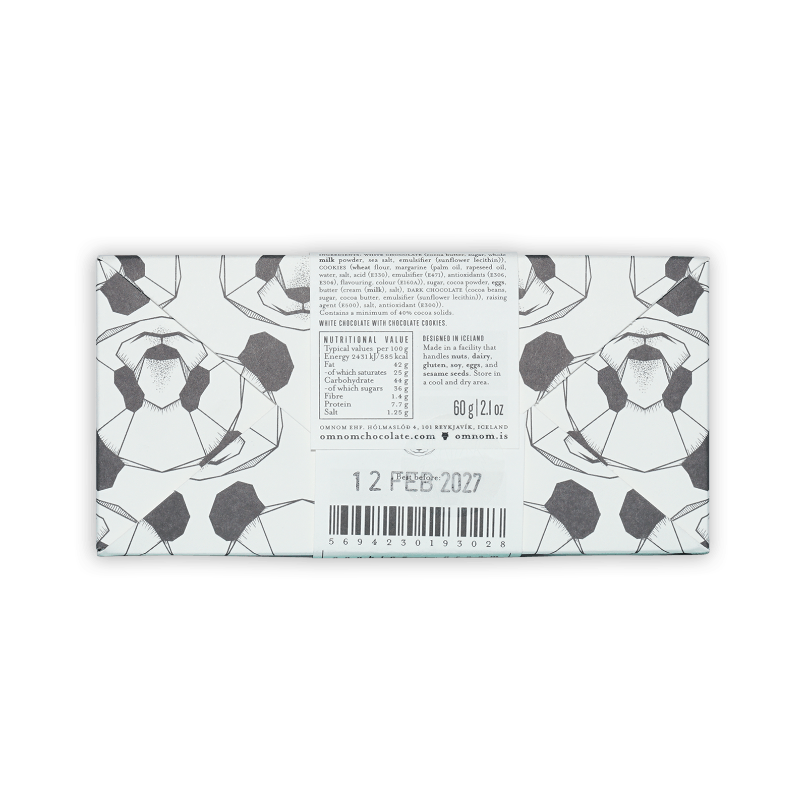 Omnom Cookies + Cream white chocolate bar in minimalist black geometric wrapper