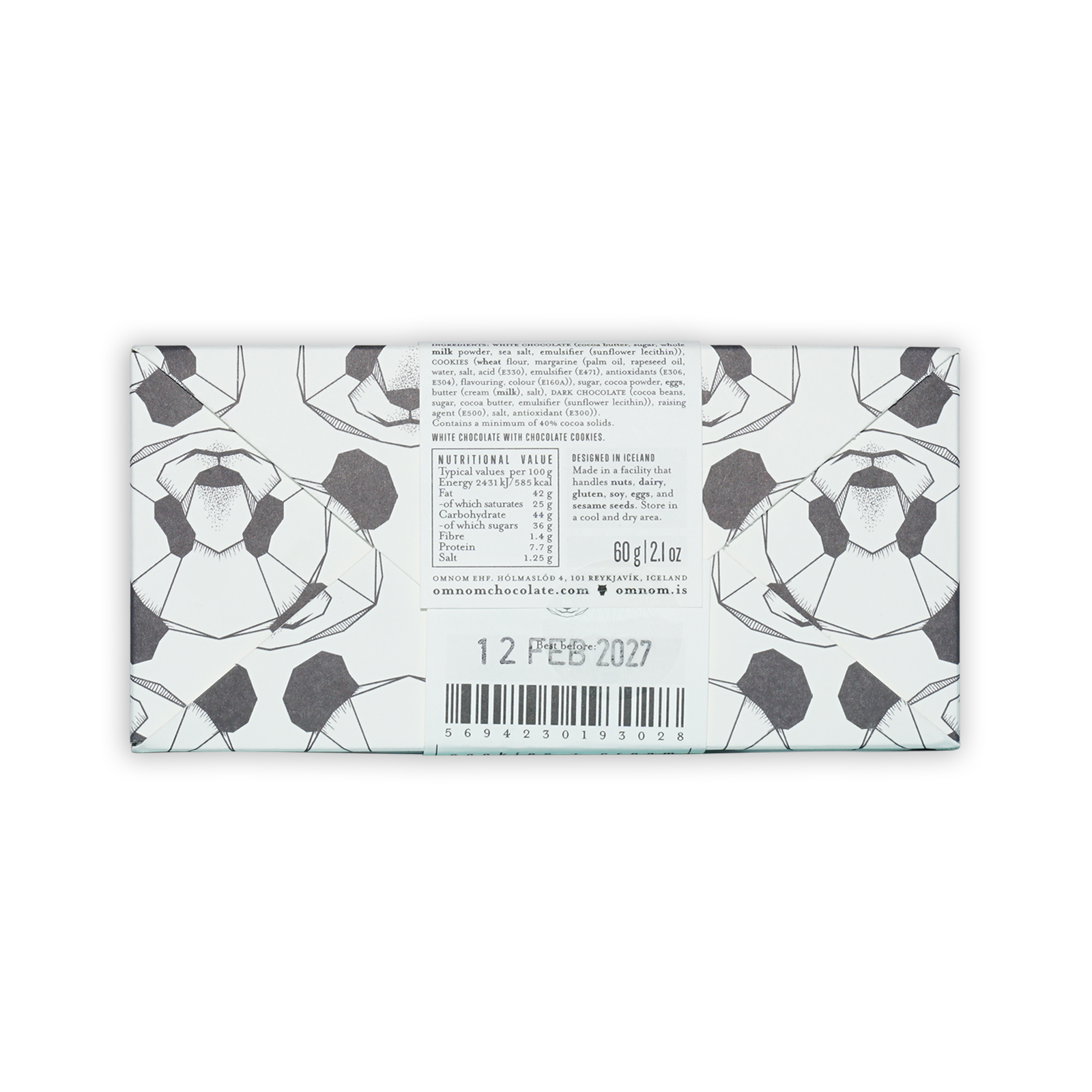 Omnom Cookies + Cream white chocolate bar in minimalist black geometric wrapper