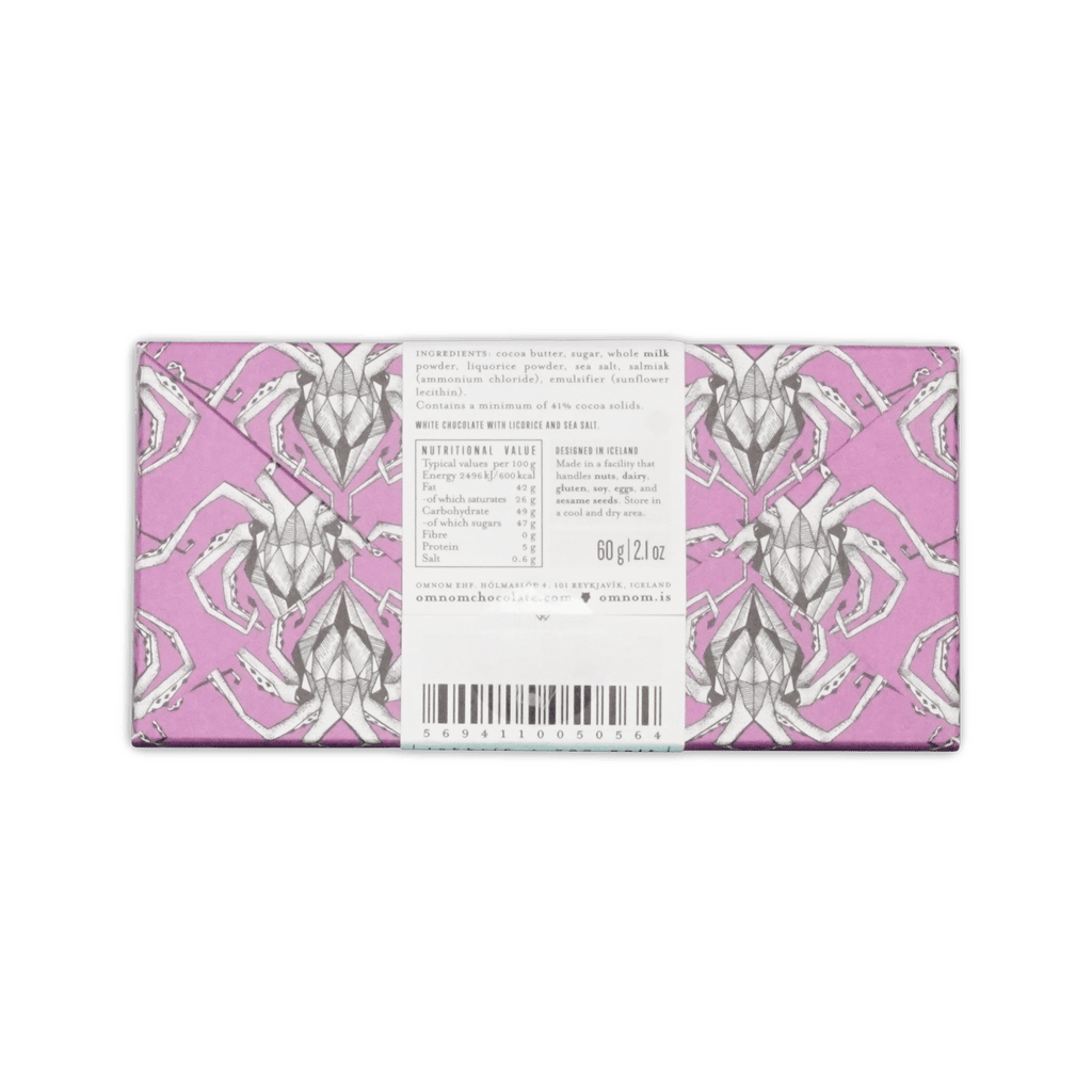 Back of Omnom Lakkris + Sea Salt wrapper, pink octopus pattern with ingredients, nutrition panel and barcode, 60 g