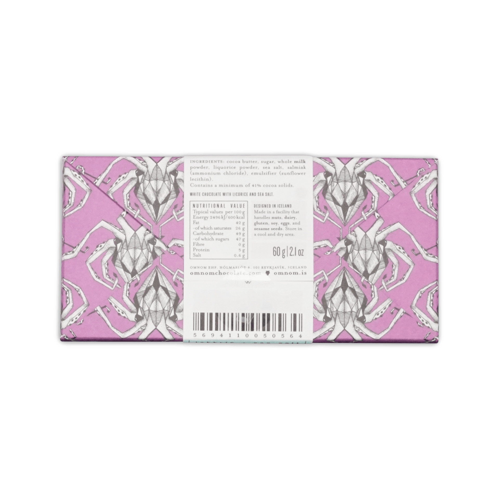 Back of Omnom Lakkris + Sea Salt wrapper, pink octopus pattern with ingredients, nutrition panel and barcode, 60 g