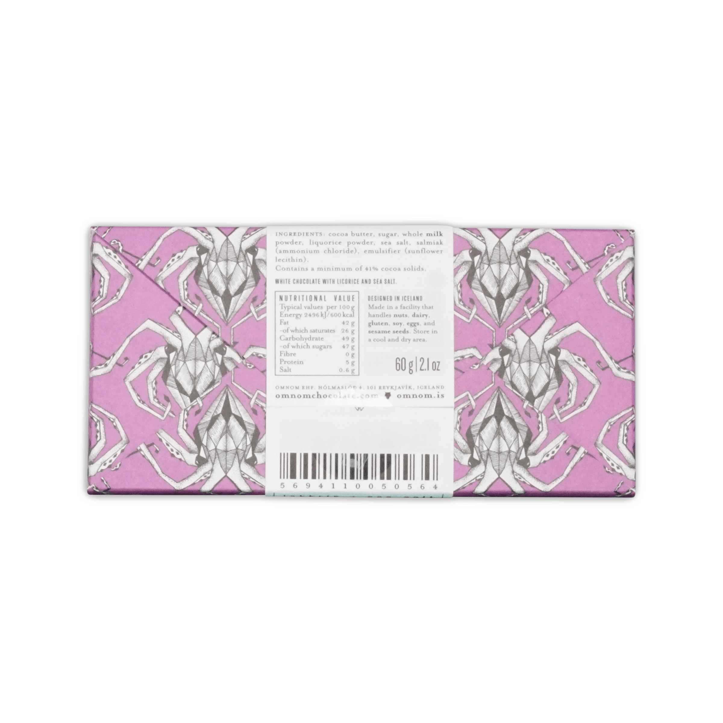 Back of Omnom Lakkris + Sea Salt wrapper, pink octopus pattern with ingredients, nutrition panel and barcode, 60 g