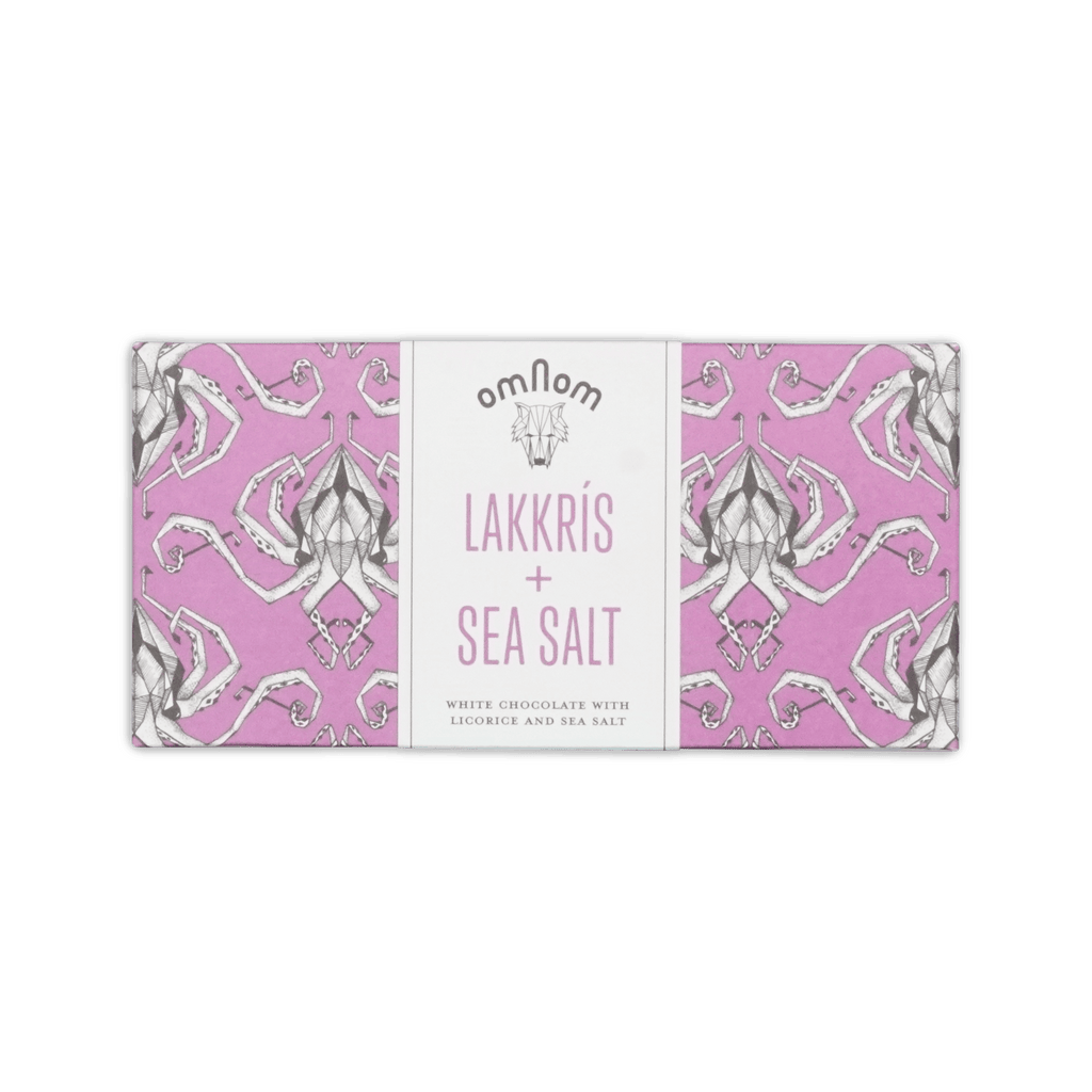 Omnom Lakkris + Sea Salt bar, pink octopus-pattern wrapper with white band, White Chocolate with Licorice and Sea Salt