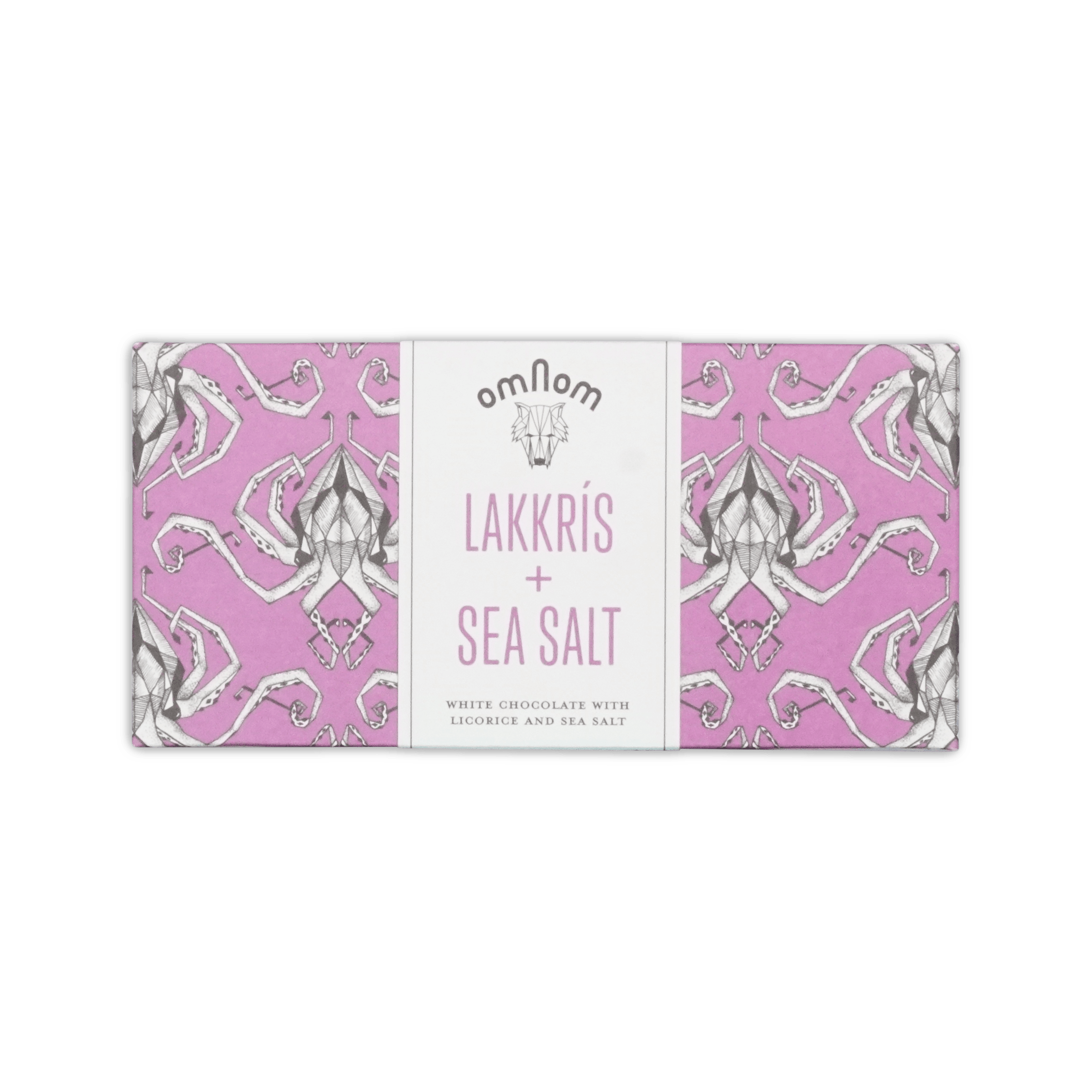 Omnom Lakkris + Sea Salt bar, pink octopus-pattern wrapper with white band, White Chocolate with Licorice and Sea Salt