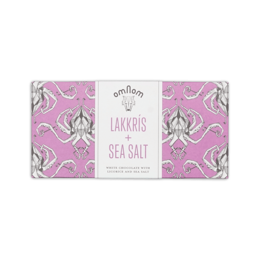 Omnom Lakkris + Sea Salt bar, pink octopus-pattern wrapper with white band, White Chocolate with Licorice and Sea Salt