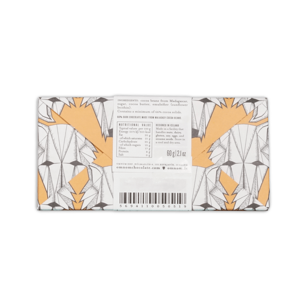 Back of Omnom Madagascar bar wrapper showing ingredients, nutrition panel and barcode
