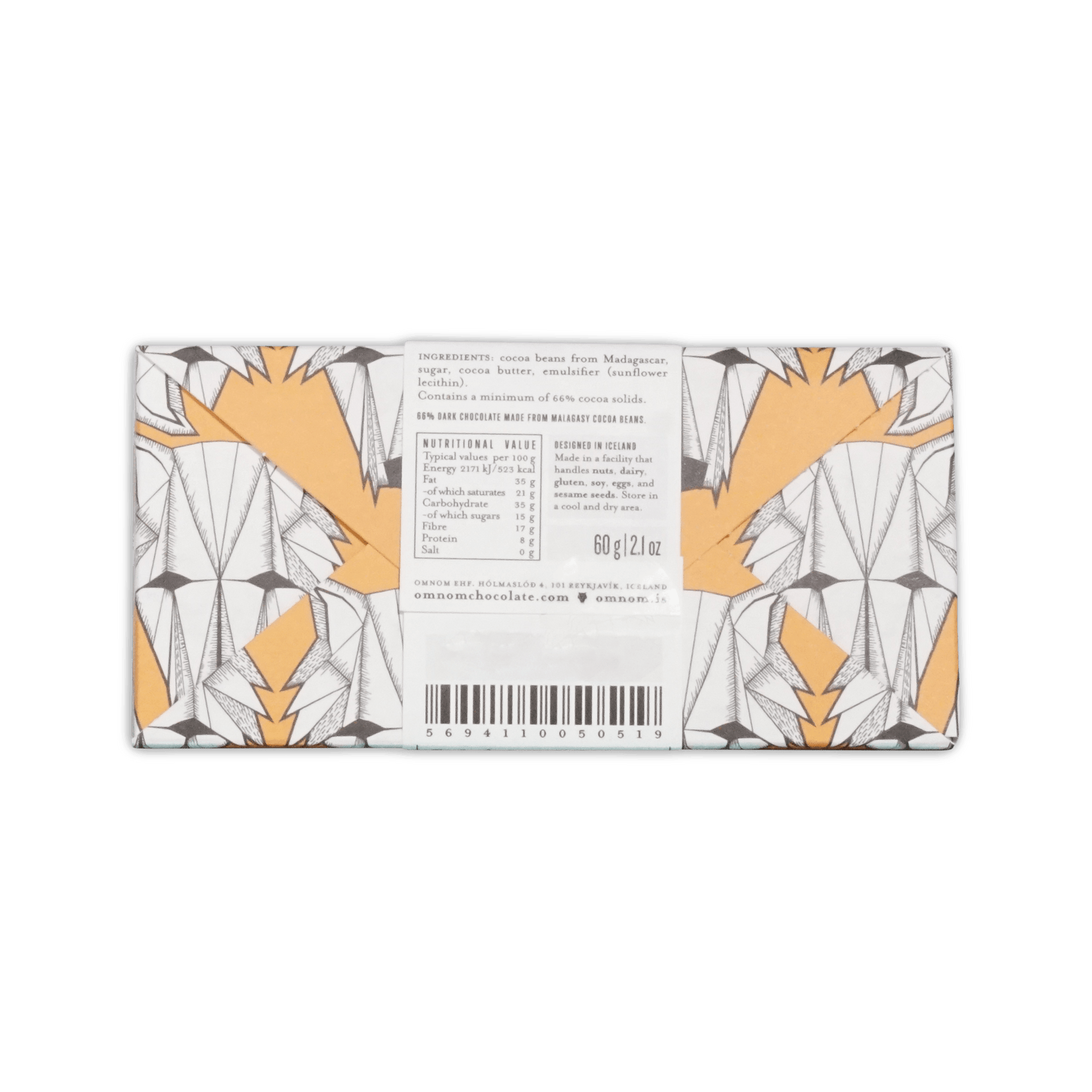 Back of Omnom Madagascar bar wrapper showing ingredients, nutrition panel and barcode