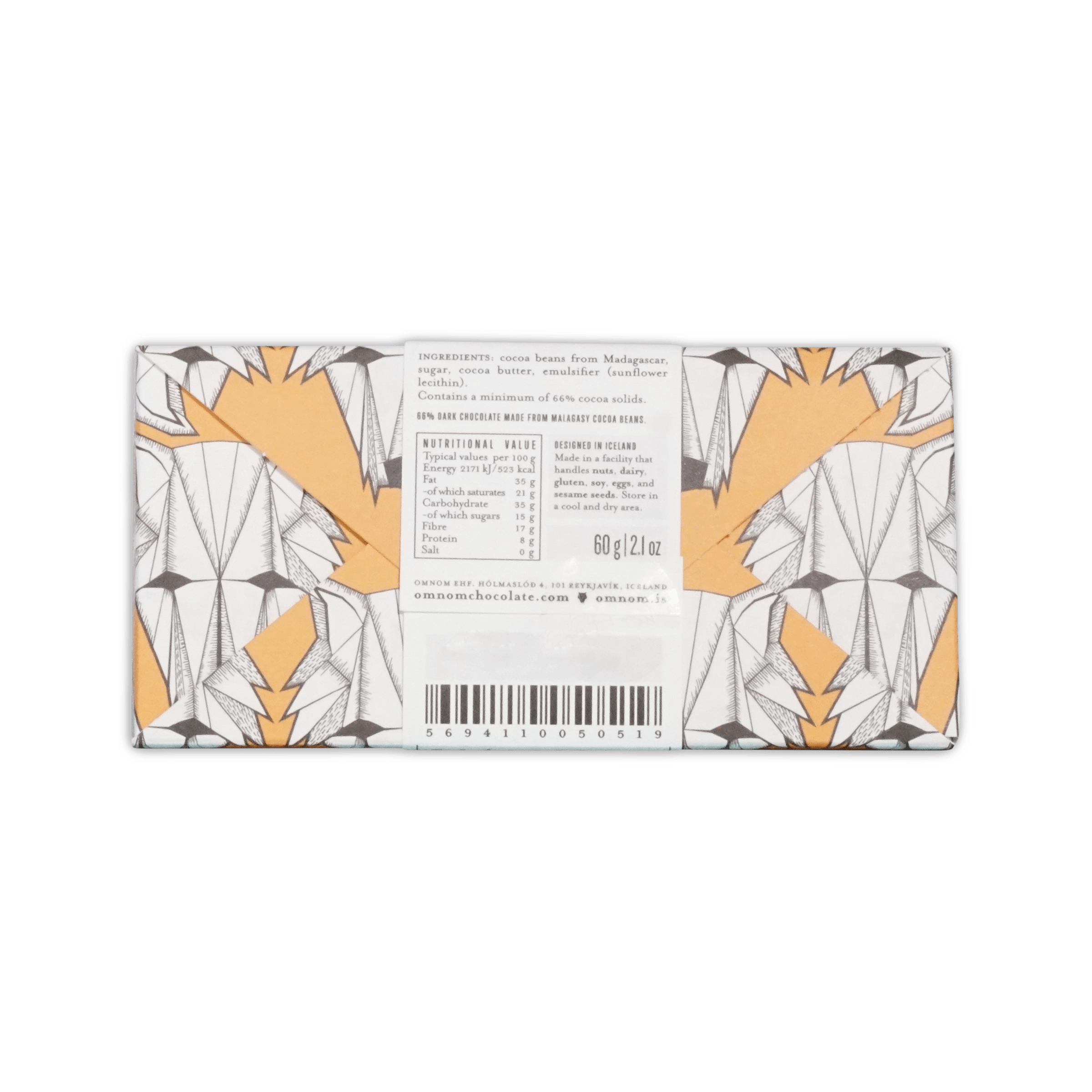 Back of Omnom Madagascar bar wrapper showing ingredients, nutrition panel and barcode