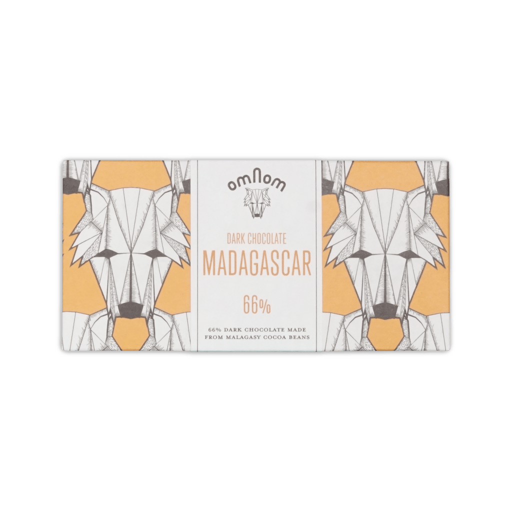 Omnom Madagascar 66% dark chocolate bar, white and orange wrapper with geometric fox illustration