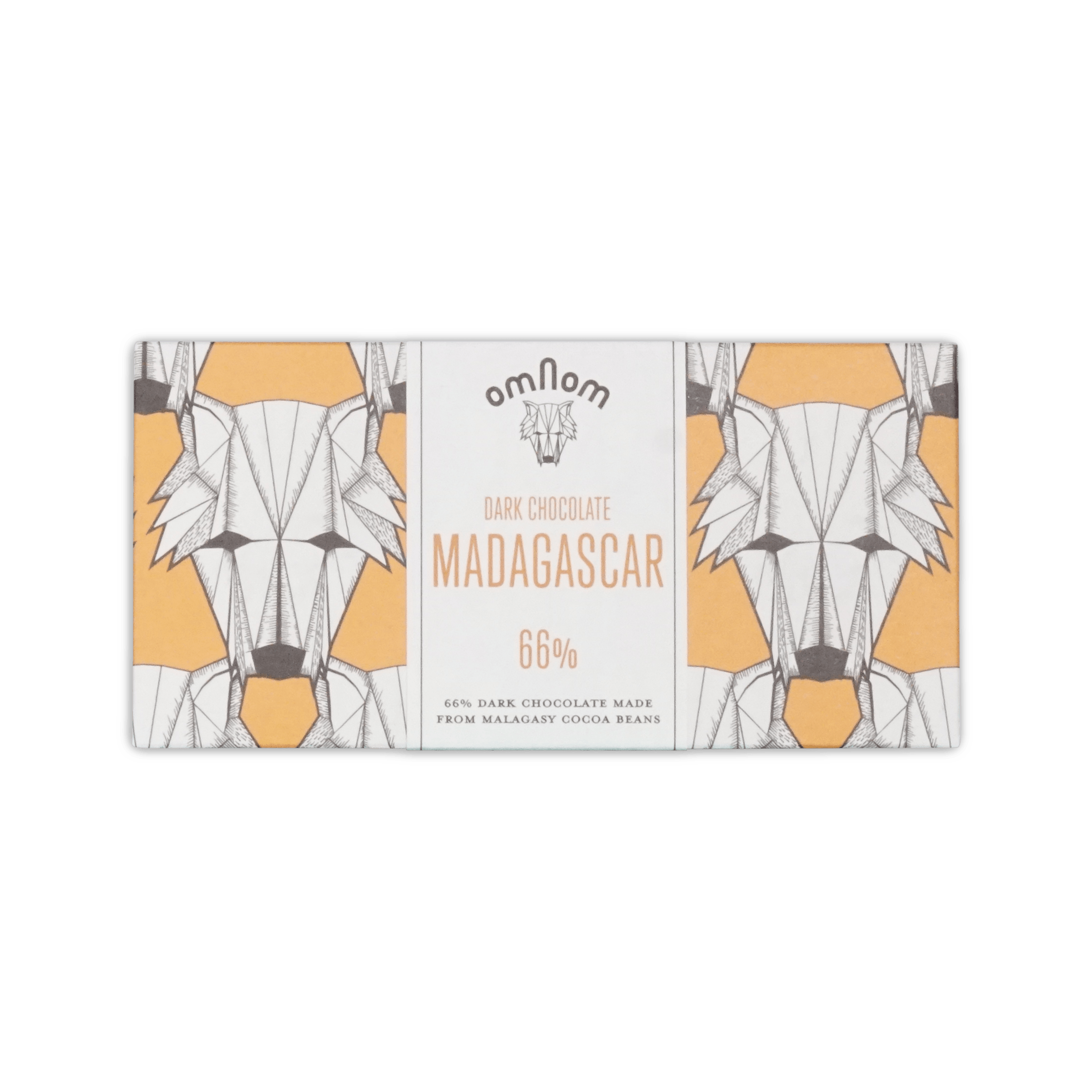 Omnom Madagascar 66% dark chocolate bar, white and orange wrapper with geometric fox illustration