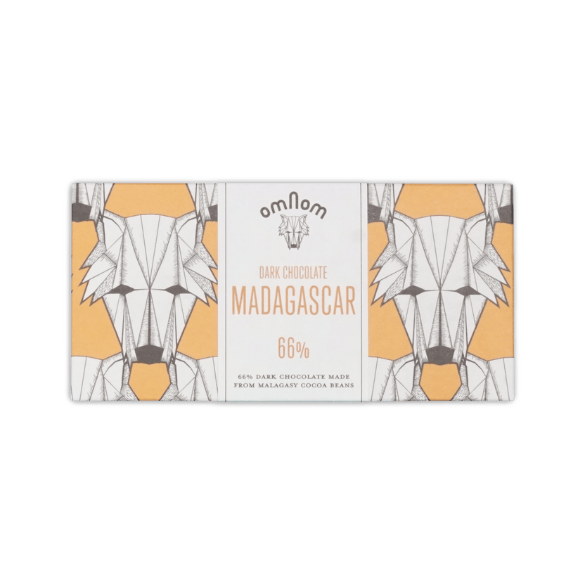 Omnom Madagascar 66% dark chocolate bar, white and orange wrapper with geometric fox illustration