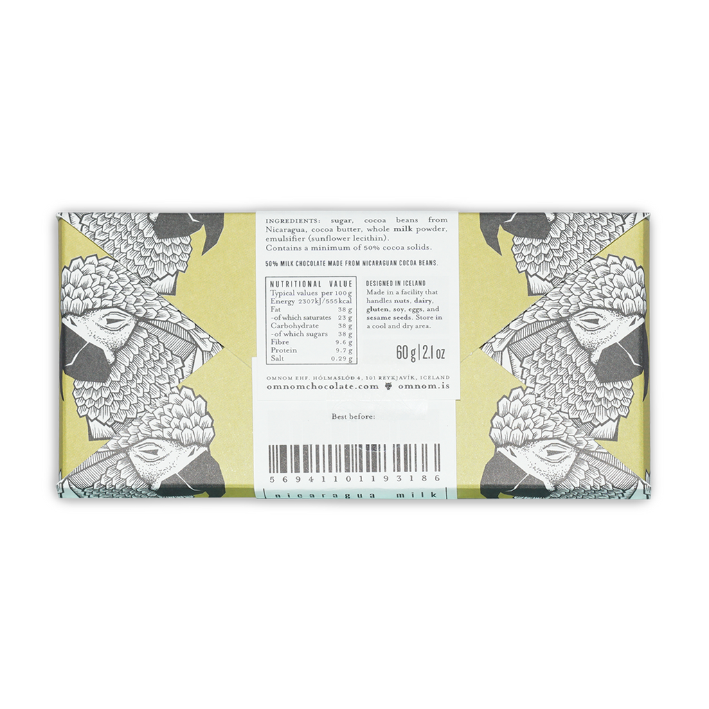 Omnom Milk of Nicaragua 50% 60g milk chocolate bar in yellow bird wrapper