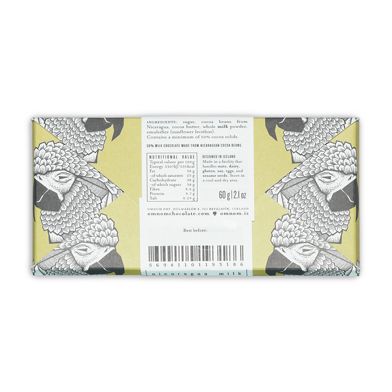 Omnom Milk of Nicaragua 50% 60g milk chocolate bar in yellow bird wrapper