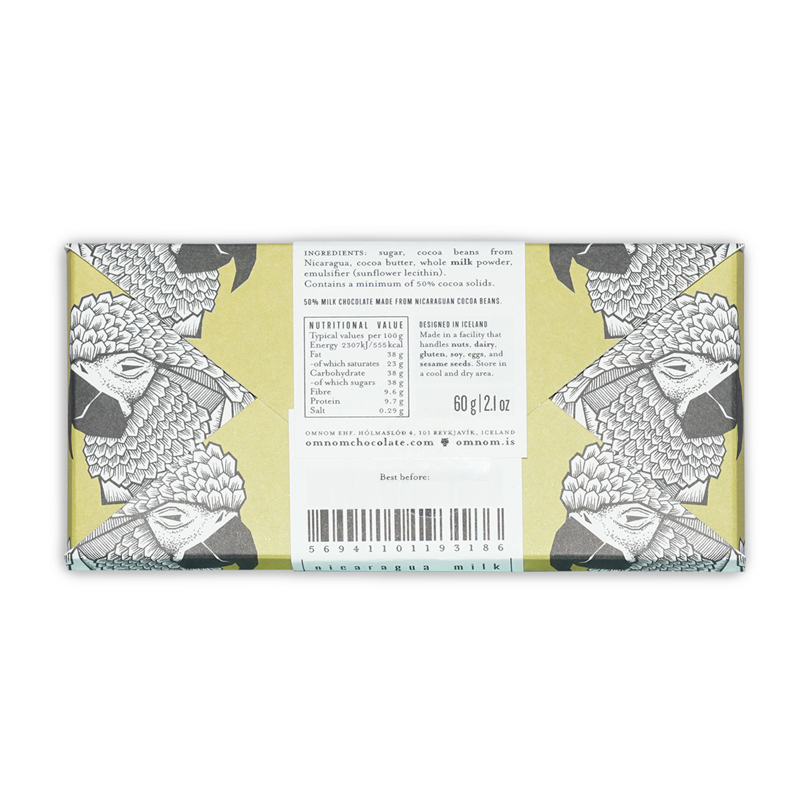 Omnom Milk of Nicaragua 50% 60g milk chocolate bar in yellow bird wrapper