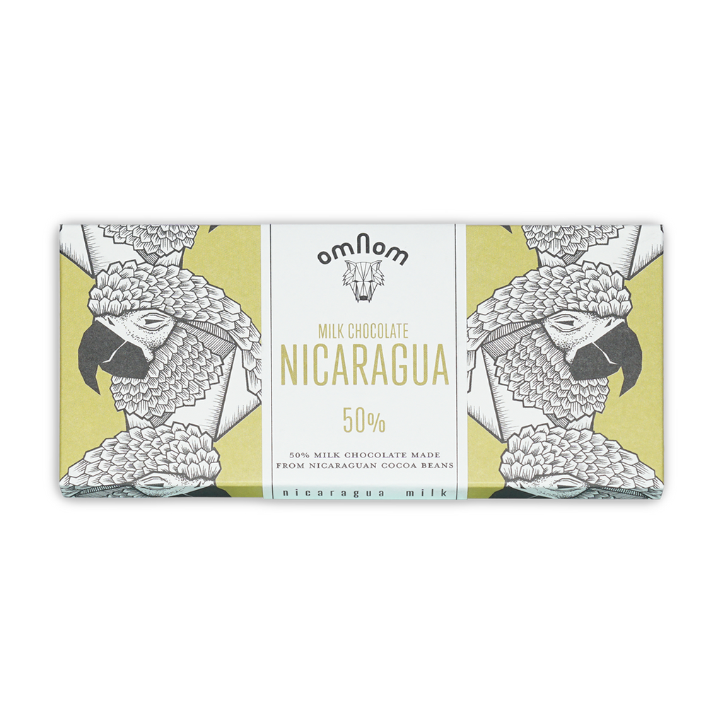 Omnom Milk of Nicaragua 50% milk chocolate bar with parrot wrapper