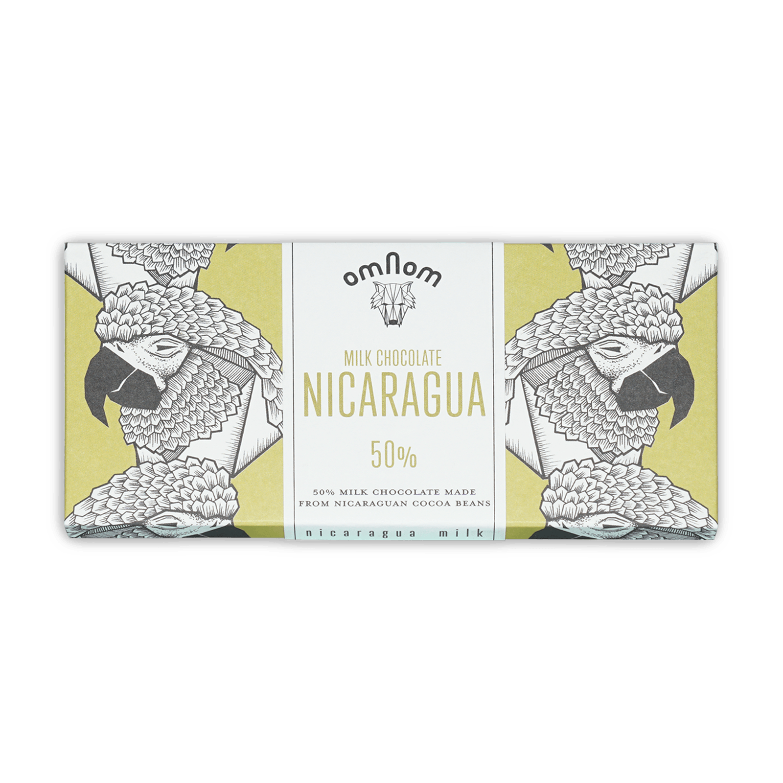 Omnom Milk of Nicaragua 50% milk chocolate bar with parrot wrapper