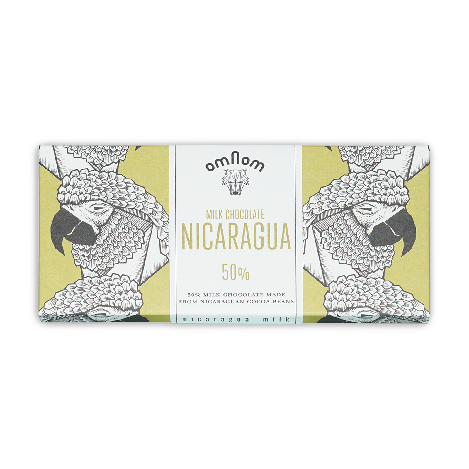 Omnom Milk of Nicaragua 50% milk chocolate bar with parrot wrapper