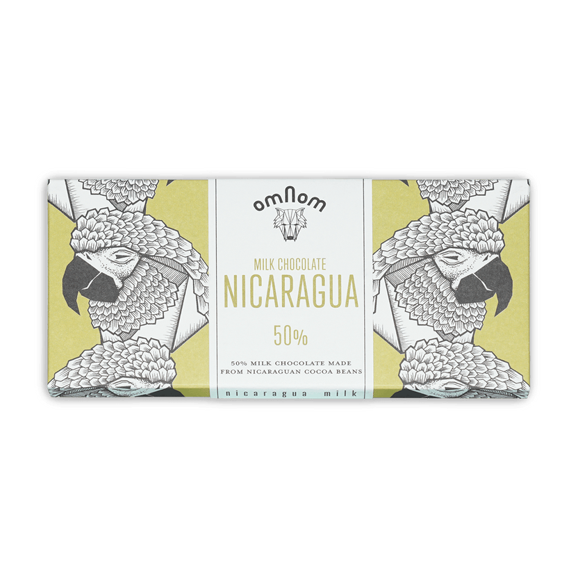 Omnom Milk of Nicaragua 50% milk chocolate bar with parrot wrapper