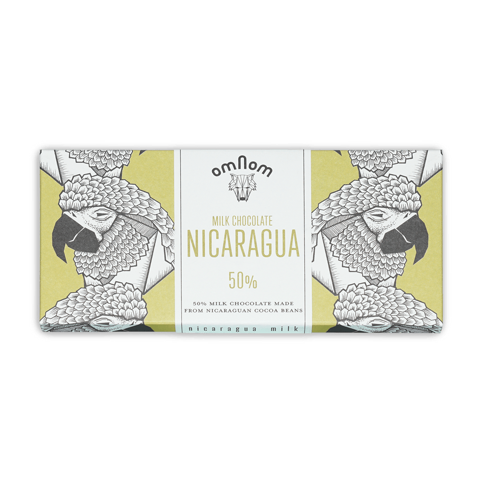 Omnom Milk of Nicaragua 50% milk chocolate bar with parrot wrapper